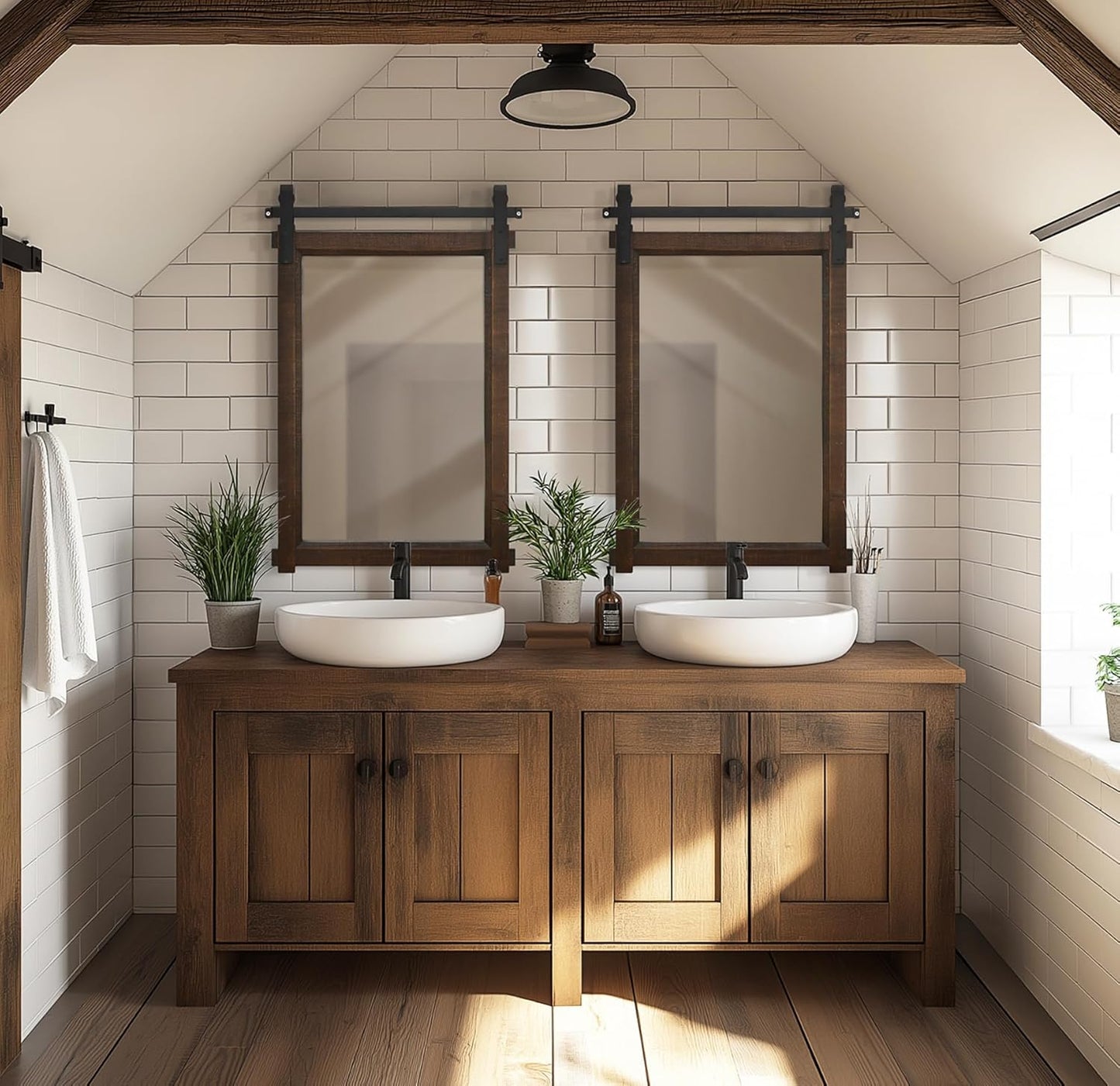 Rustic Barn Door Mirror: 24"x36" Brown Farmhouse Wood Frame - Wall Mirror for Entryway/Bathroom/Living Room Wall Decor