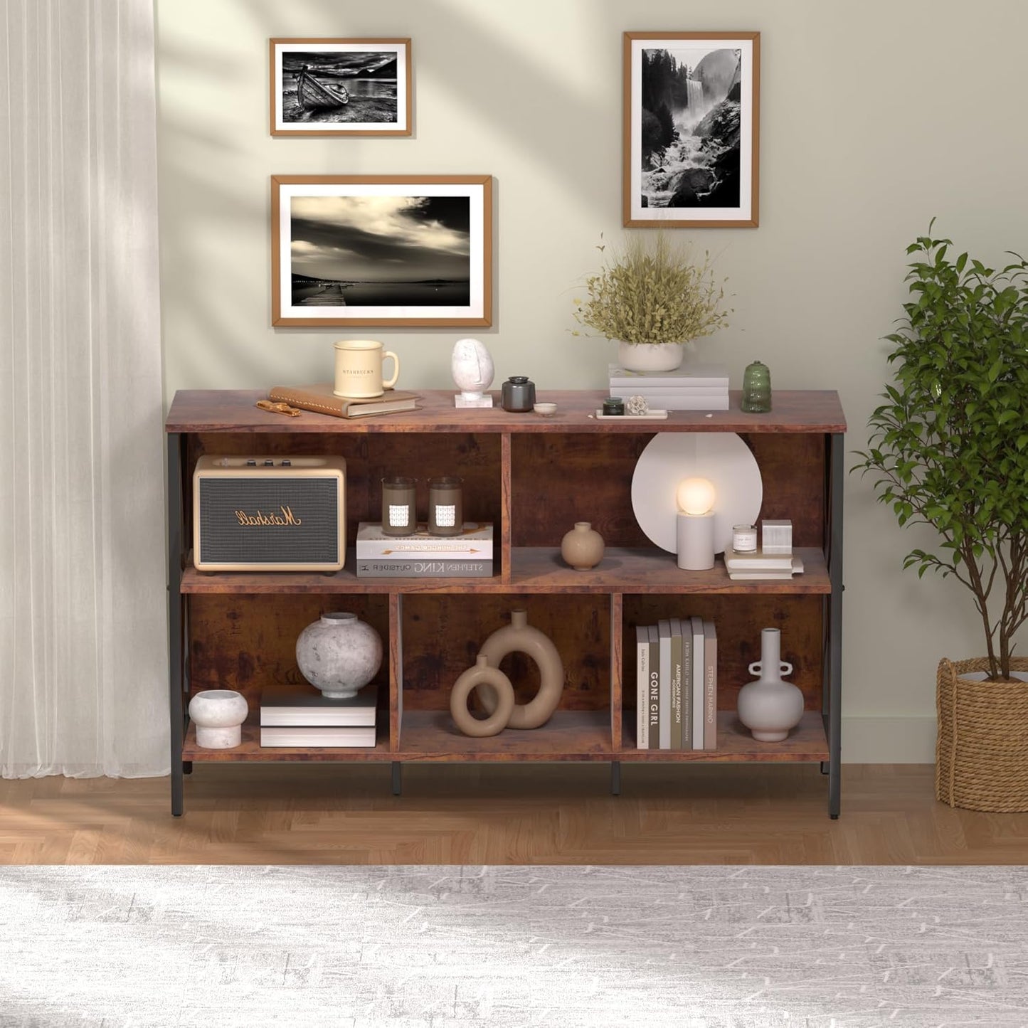 5 Cube Storage Organizer Shelf,Industrial Horizontal Bookshelf,Short Wide Cubby Bookcase,Low Large Book Shelf Metal Storage Organizer Open Shelf for Bedroom Living Room,Home,Office,47 in(Brown,5 Cube)