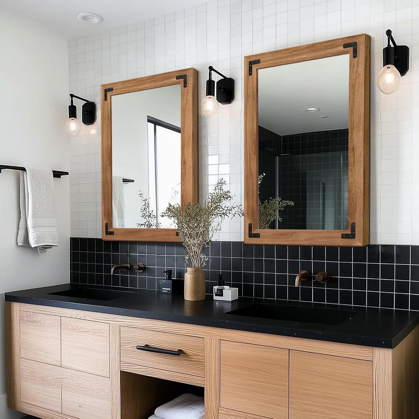 Bathroom Mirror for Wall with Wooden Frame, 20"x28" Solid Wood Vanity Mirror for Farmhouse, Bathroom, Bedroom, Vertical or Horizontal Hanging