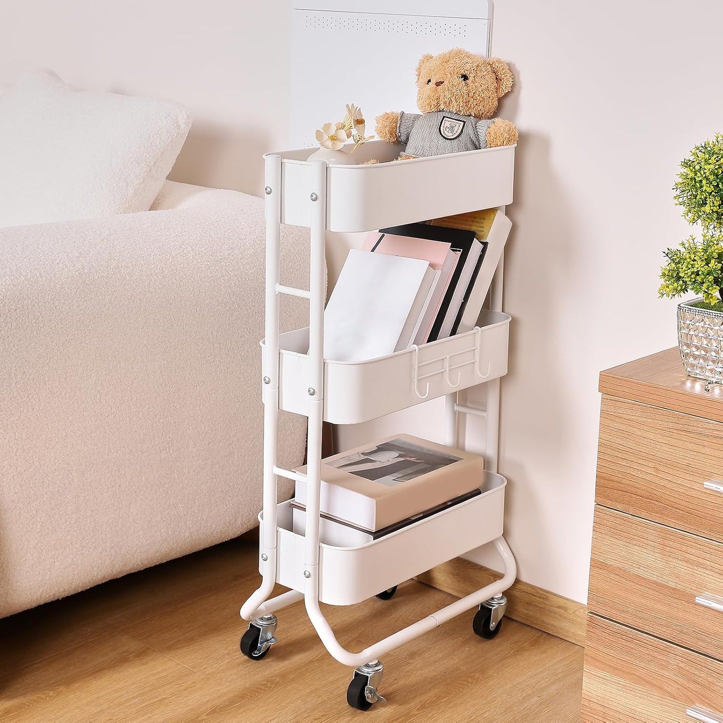 MAX Houser Slim 3-Tier Rolling Utility Cart, Narrow Metal Bathroom Storage Multifunctional Organizer Carts with Wheels with Extra Hook, Laundry Room,Kitchen,Small Space(White)