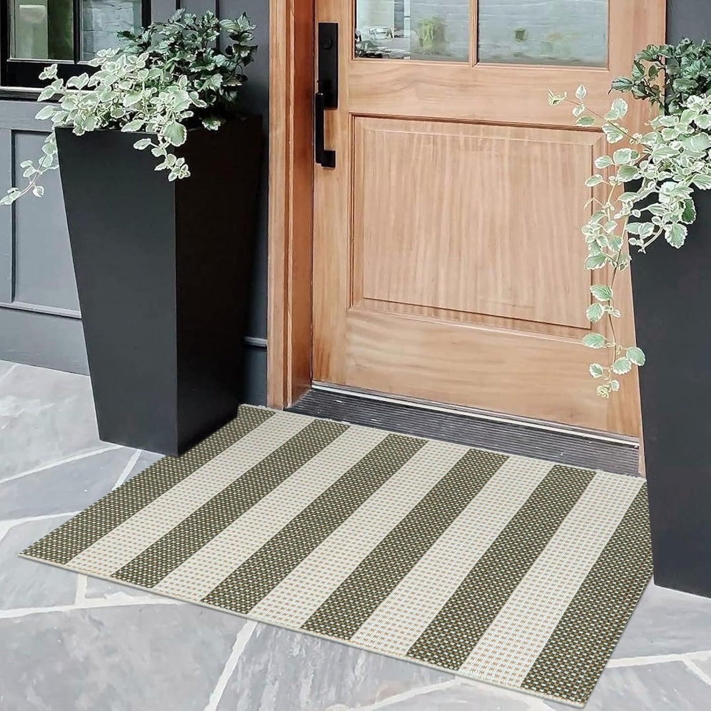 OJIA Fall Front Door Mat 24"x36" Halloween Doormat Striped Porch Rugs Checkered Rug Washable Entry Rug Woven Cotton Indoor Outdoor Rug Small Area Rug for Kitchen Entryway Patio (Green/White/Tan)