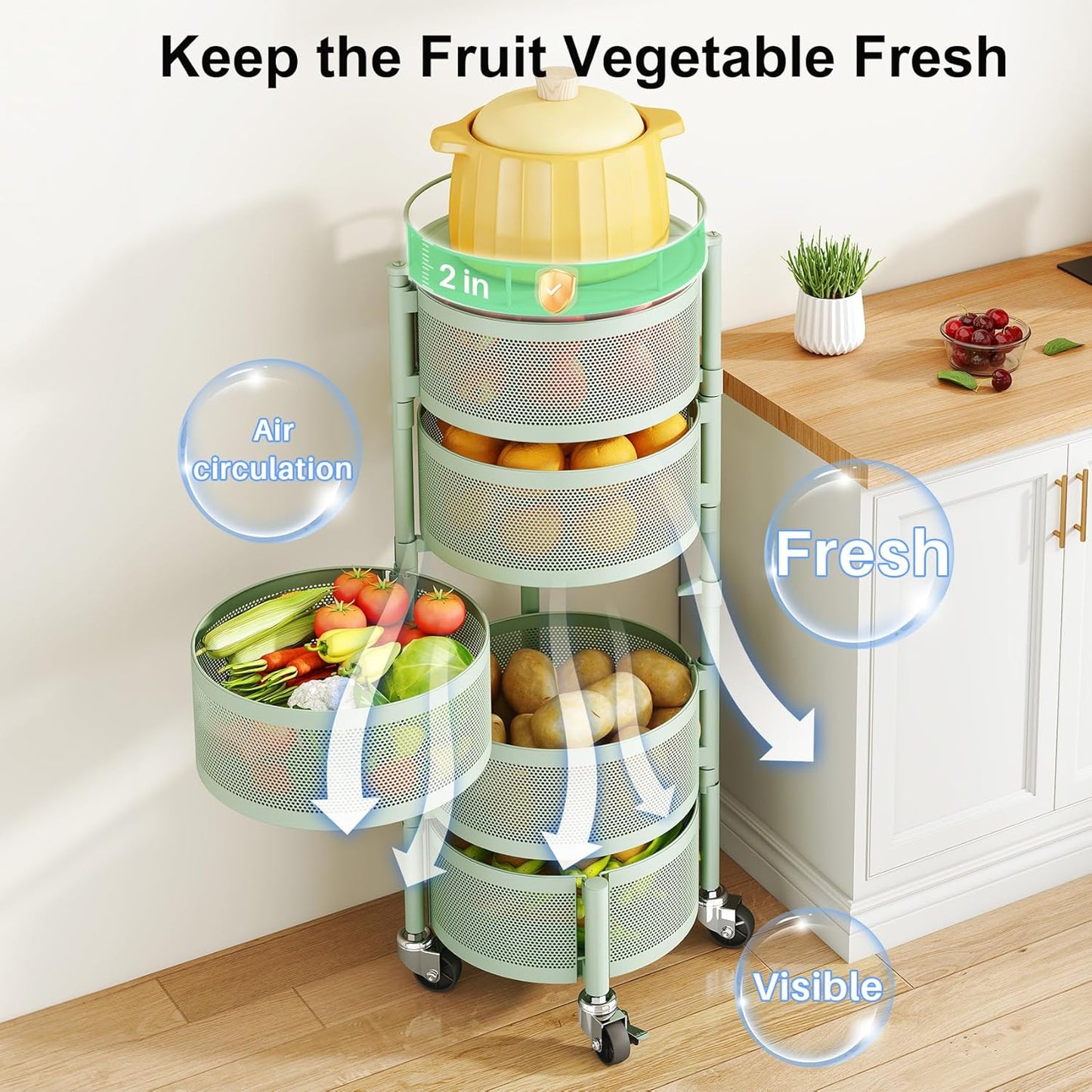 SAYZH Fruit Vegetable Basket for Kitchen, Rotating Storage Rack, 5 Tier Rolling Cart with top lid, Large Metal Wire Basket for for Potato Onion Snack, Black (Green)