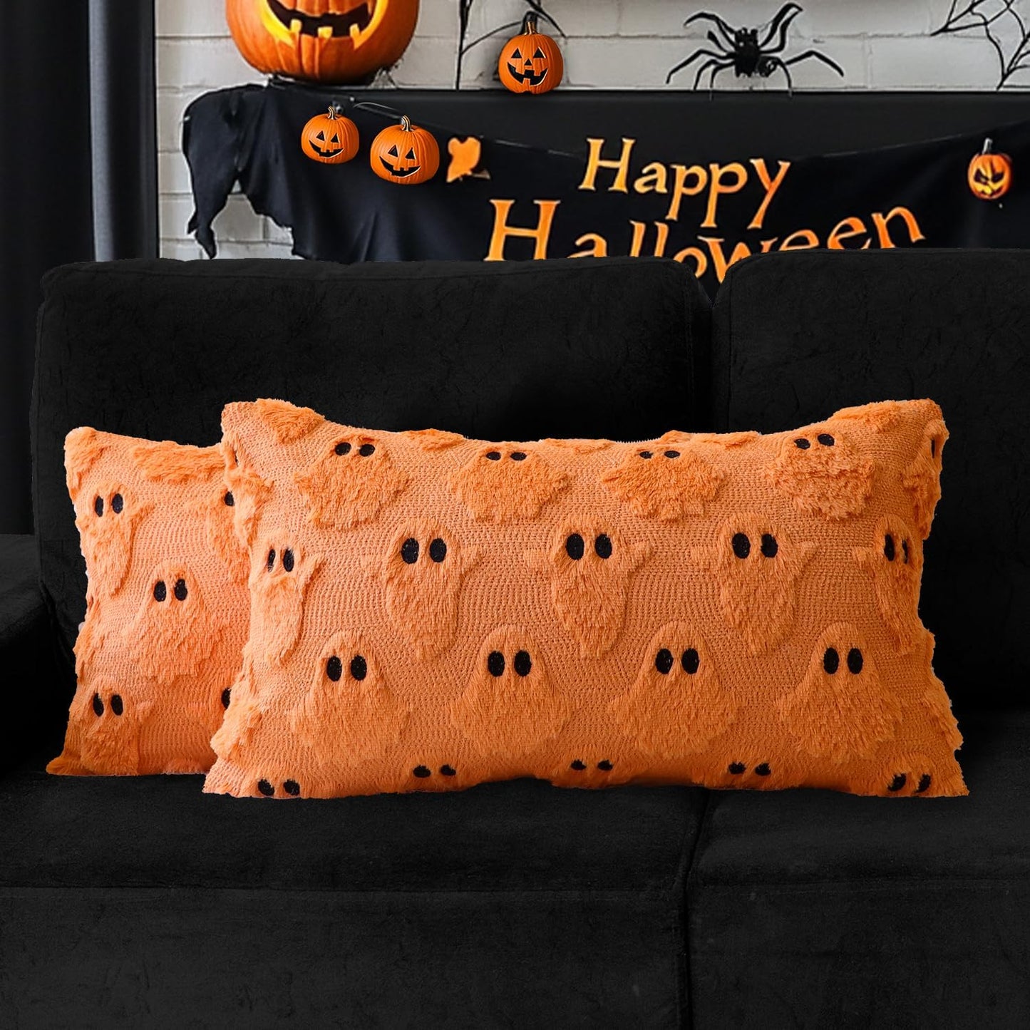 4TH Emotion Halloween Ghost Decorative Lumbar Pillow Covers 12x20 Set of 2, Orange Soft Plush Faux Fur Farmhouse Throw Cushion Cases for Fall Autumn Holiday Home Decorations