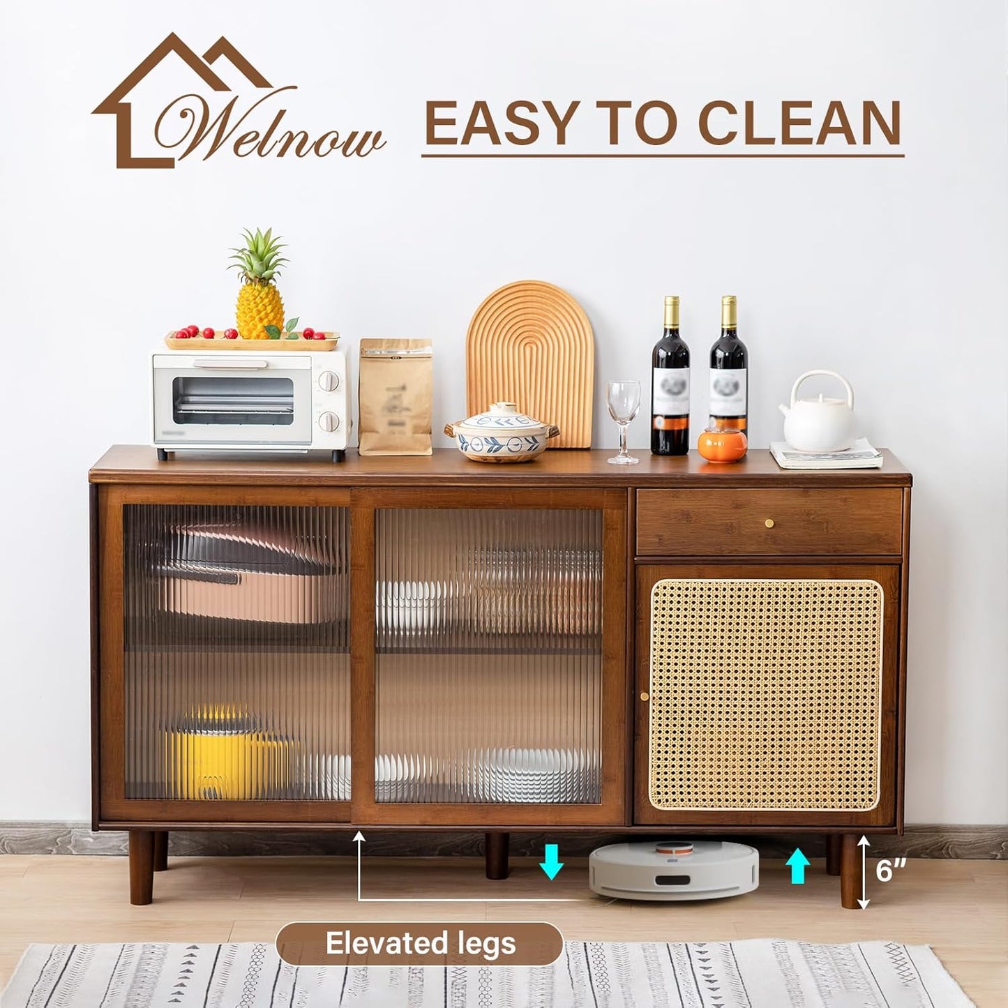 Welnow Buffet Cabinet, Bamboo Sideboard with Storage Rattan Kitchen Display Cabinet with Drawer, Boho Coffee Bar Tables for Kitchen, Living Room, Entryway, Office, Walnut