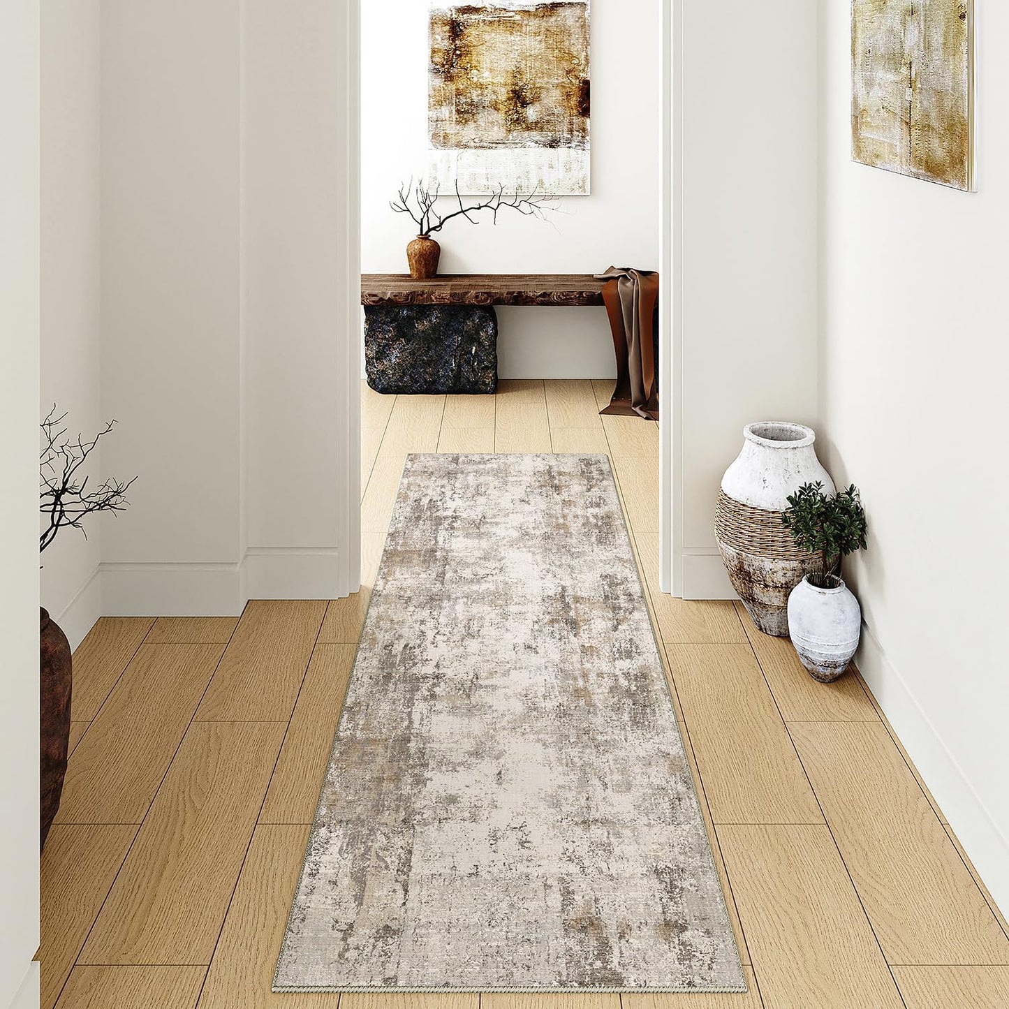 3x12 Washable Runner Rug Brown Grey Neutral Abstract Hallway Kitchen Living Room Bedroom Non Slip Throw Rug Soft Low Pile Indoor Carpet for Entrance Laundry Bathroom