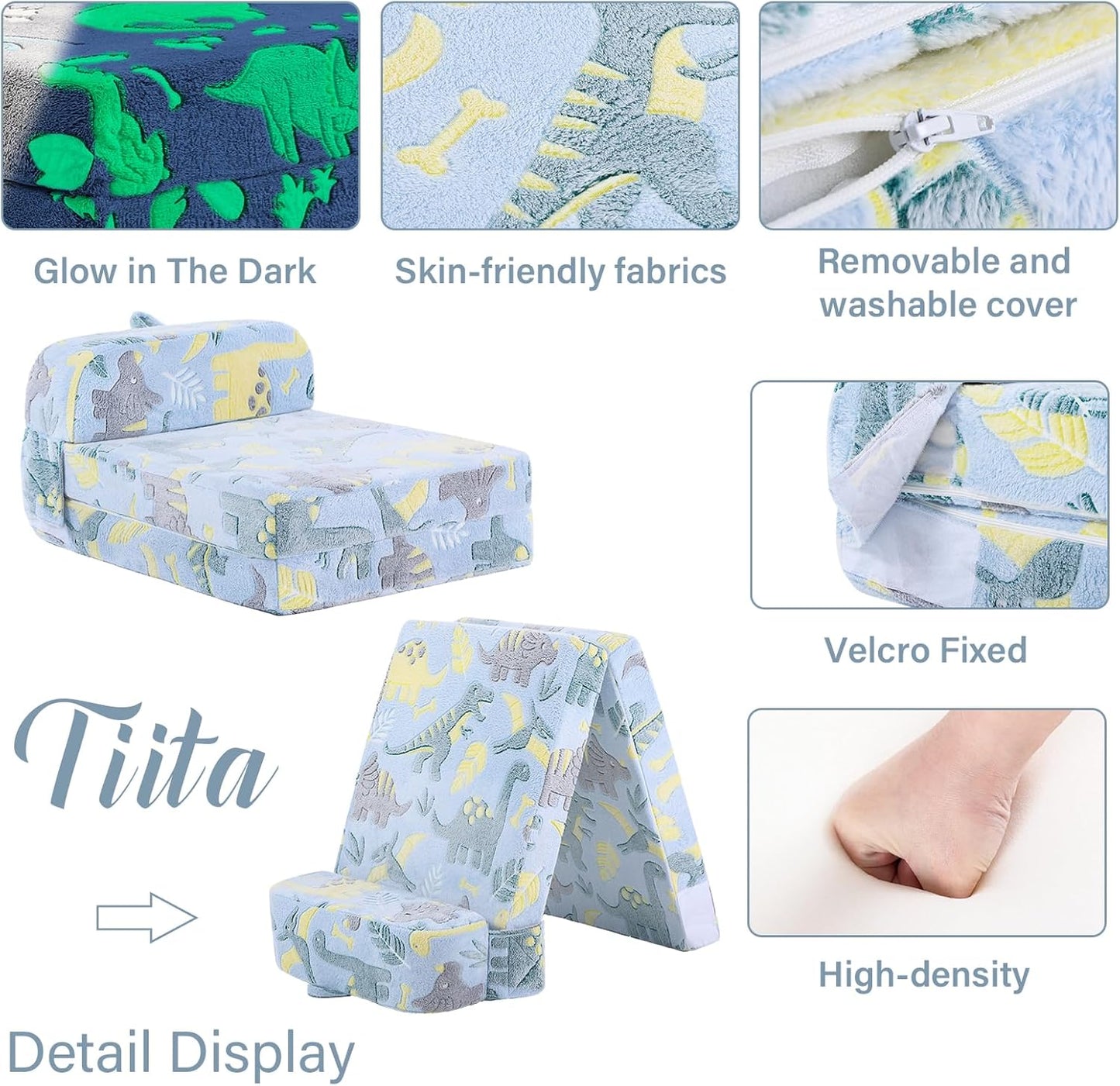 Tiita Folding Sofa Bed for Kids, Toddler Fold Out Couch With Removable Cover, Futon Sleeper Chair for Living Room, Guest Room - Dinosaur