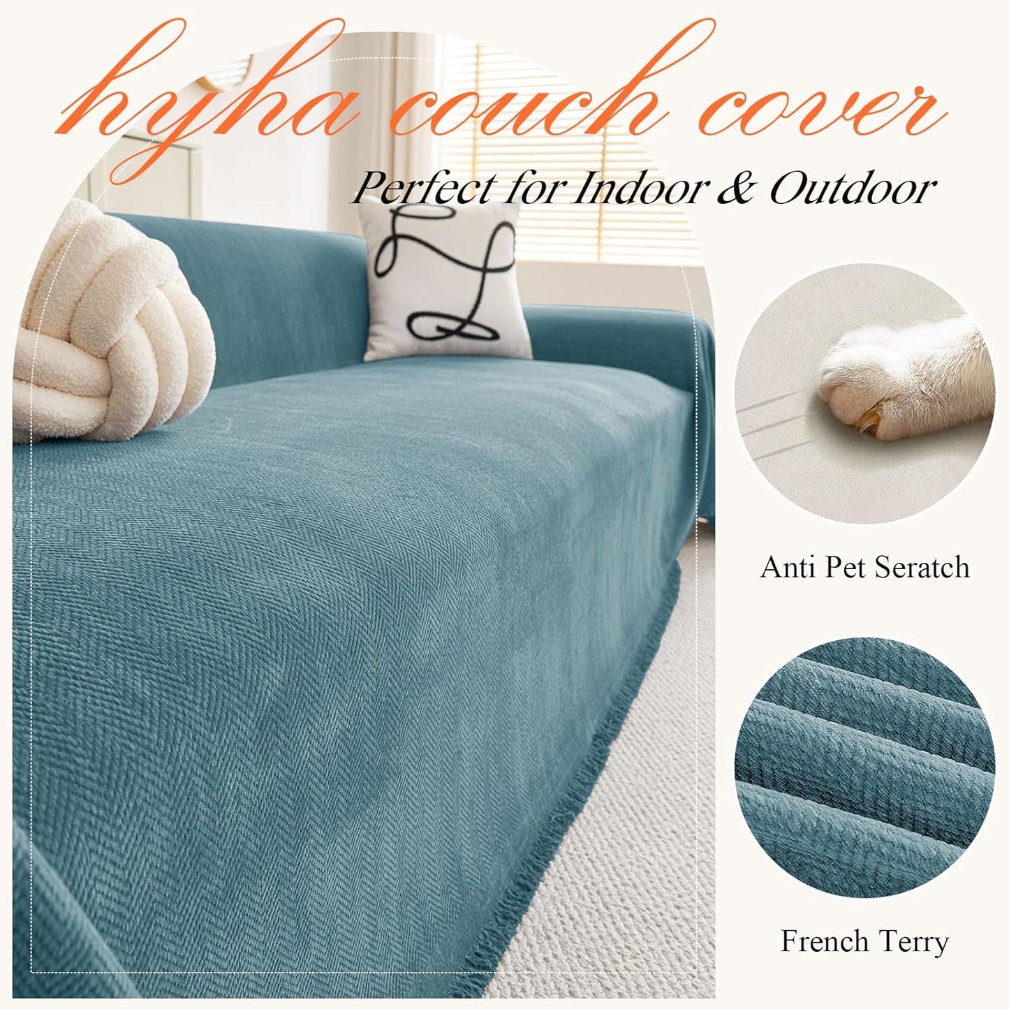 hyha Couch Cover for Dogs, Boho Sofa Covers for 3 Cushion Couch Washable, Chenille Sofa Slipcover for Pets, Soft Loveseat Sectional Couch Throw Blankets with Tassels (Blue, 71x118 Inch)