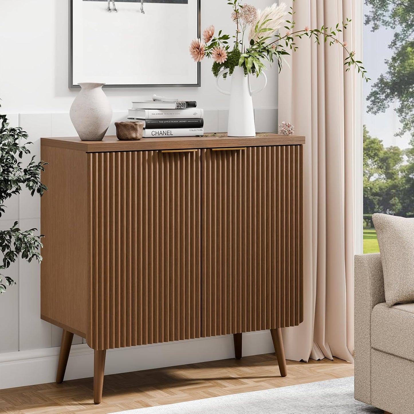 29.5" Sideboard Cabinet with 2 Doors, Modern Buffet Cabinet with Adjustable Shelf, Dining Room Sideboard, Fluted Buffet Sideboard for Living Room, Hallway, Entryway, Walnut