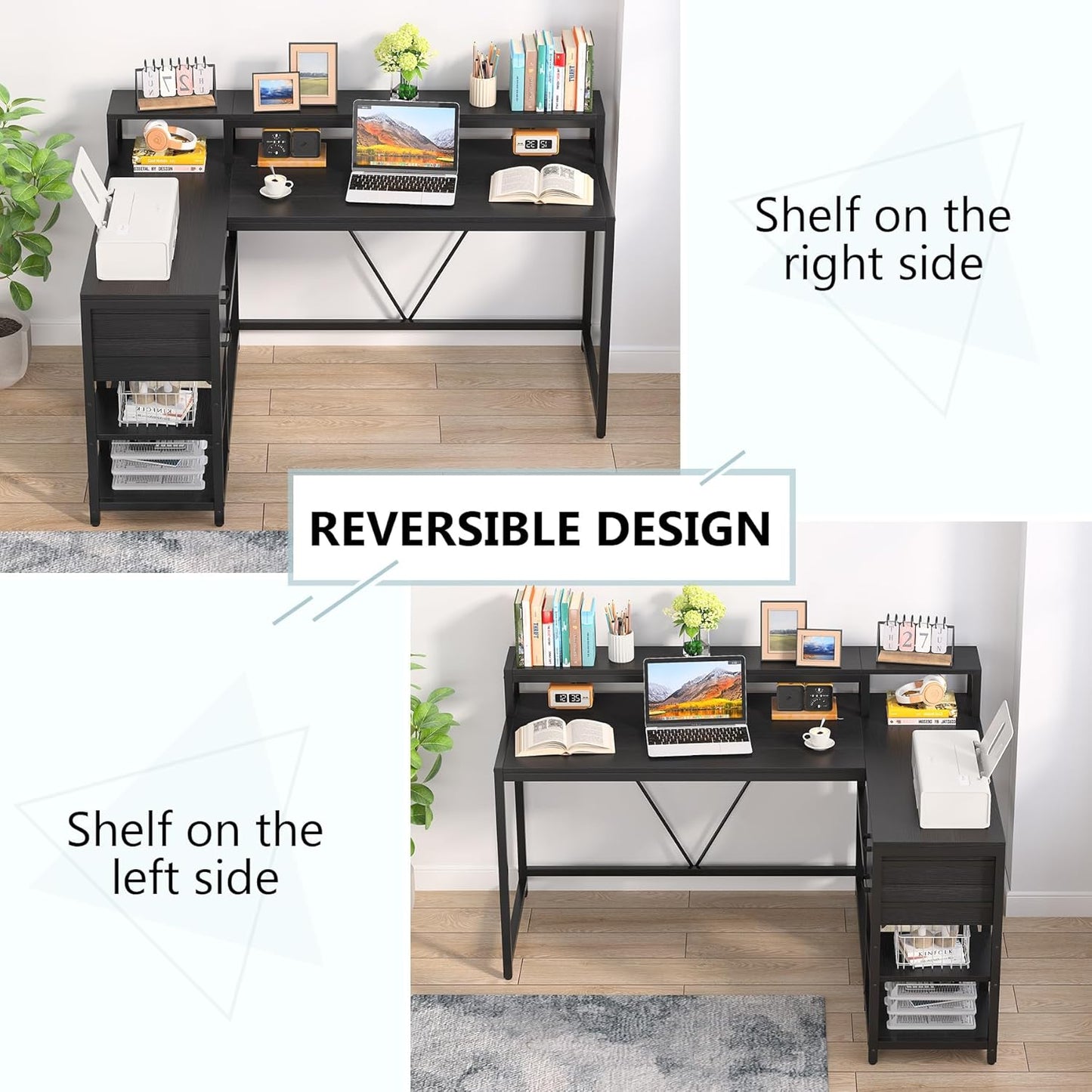 Tribesigns L Shaped Desk with Drawer and Monitor Stand, BlackCorner Desk Home Office Table with Storage Shelves, Black PC Desk for Small Space