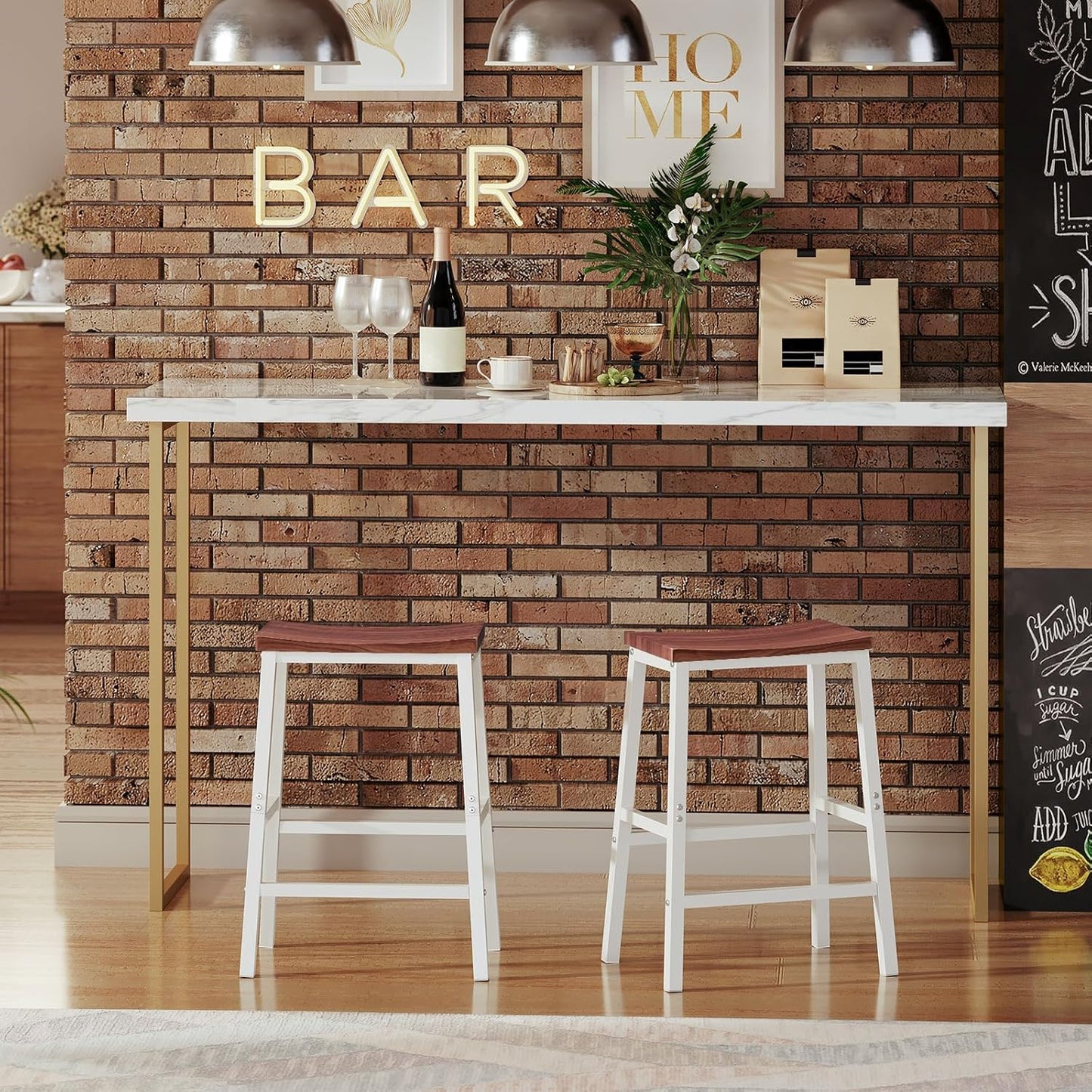 HOOBRO Bar Stools, Set of 2 Bar Chairs, 23.6 Inch Saddle Stools, Kitchen Counter Seat with Footrests, Industrial Barstools for Dining Room, Kitchen, Counter, Bar, Walnut and White HW02MD01