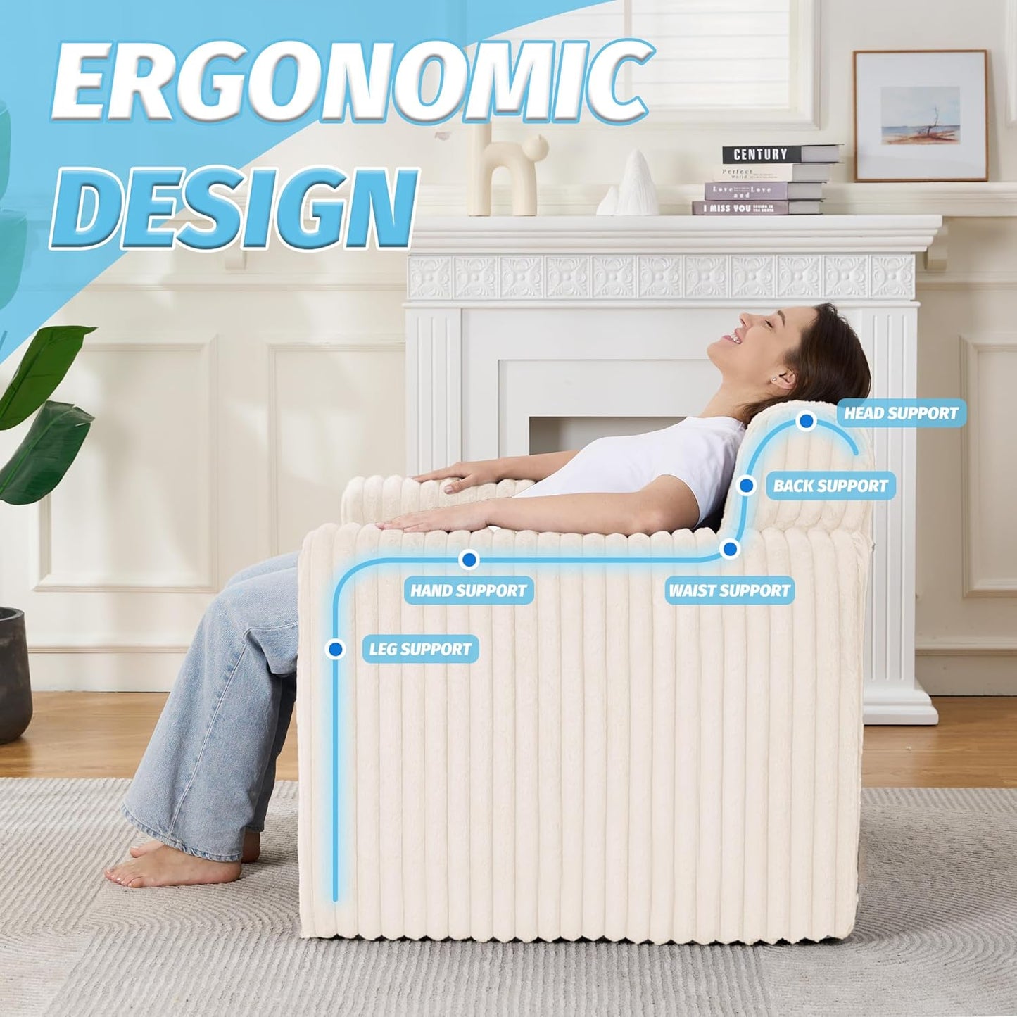 HABUTWAY Giant Bean Bag Chairs for Adults with Armrests, High Backrest Bean Bag Lounge Lazy Sofa with Durable Elastic Foam Filling & Comfy Fabric, Single Couch for Bedroom/Dorm/Living Room(Beige)