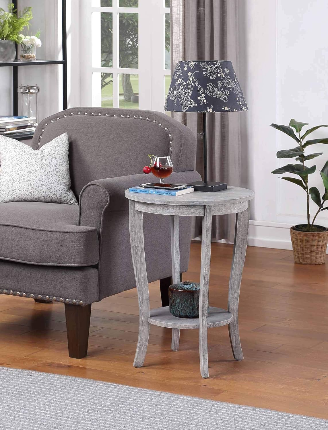 Convenience Concepts American Heritage Round End Table, Light Gray Wirebrush