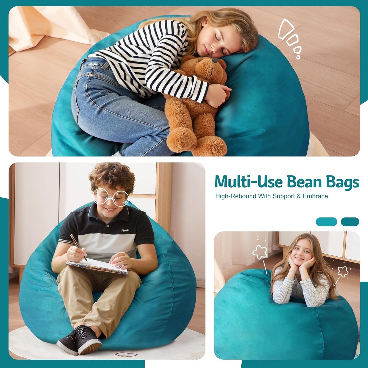 Homguava 2FT Bean Bag Chair: 2' Bean Bags with Memory Foam Filled,Comfy Beanbag Chairs Round Bean Bag Sofa with Dutch Velvet Cover-Sea Blue