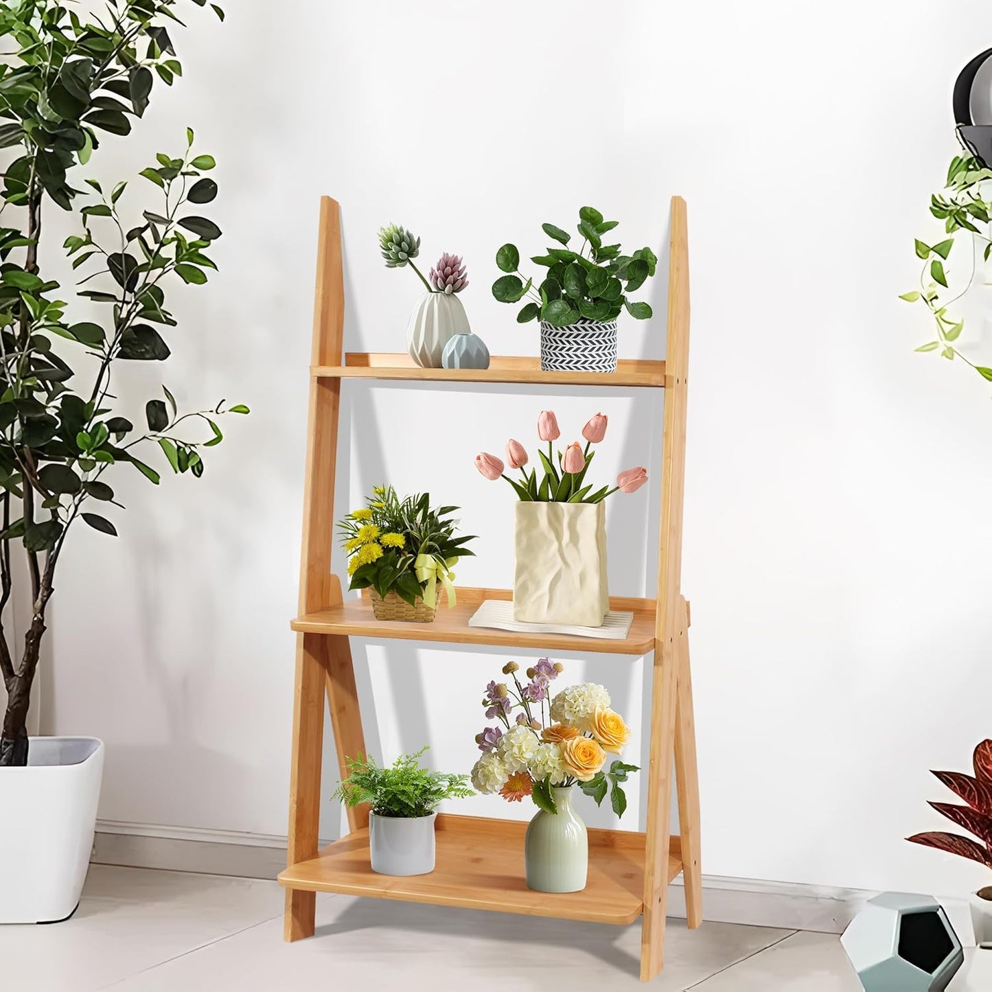 DOUSY-3-Tier Ladder Shelf, Bamboo Ladder Bookshelf Leaning Bookcase Trapezoid Bookshelf Storage Rack Shelf for Living Room, Kitchen, Bathroom, Home Office, Natural Color