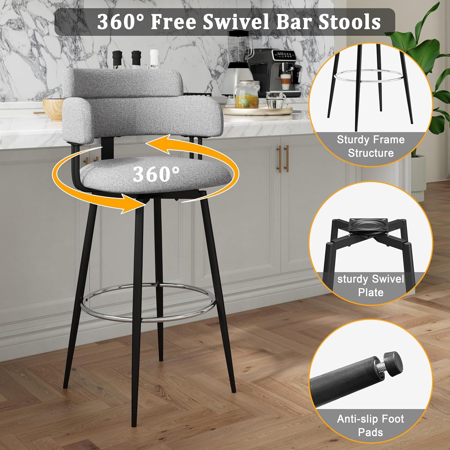 Swivel Bar Stools Set of 2, Counter Height Bar Stools with Ergonomic Full Back, Upholstered Linen Fabric Barstools with Chrome Metal Footrest for Kitchen Island, Dining Room