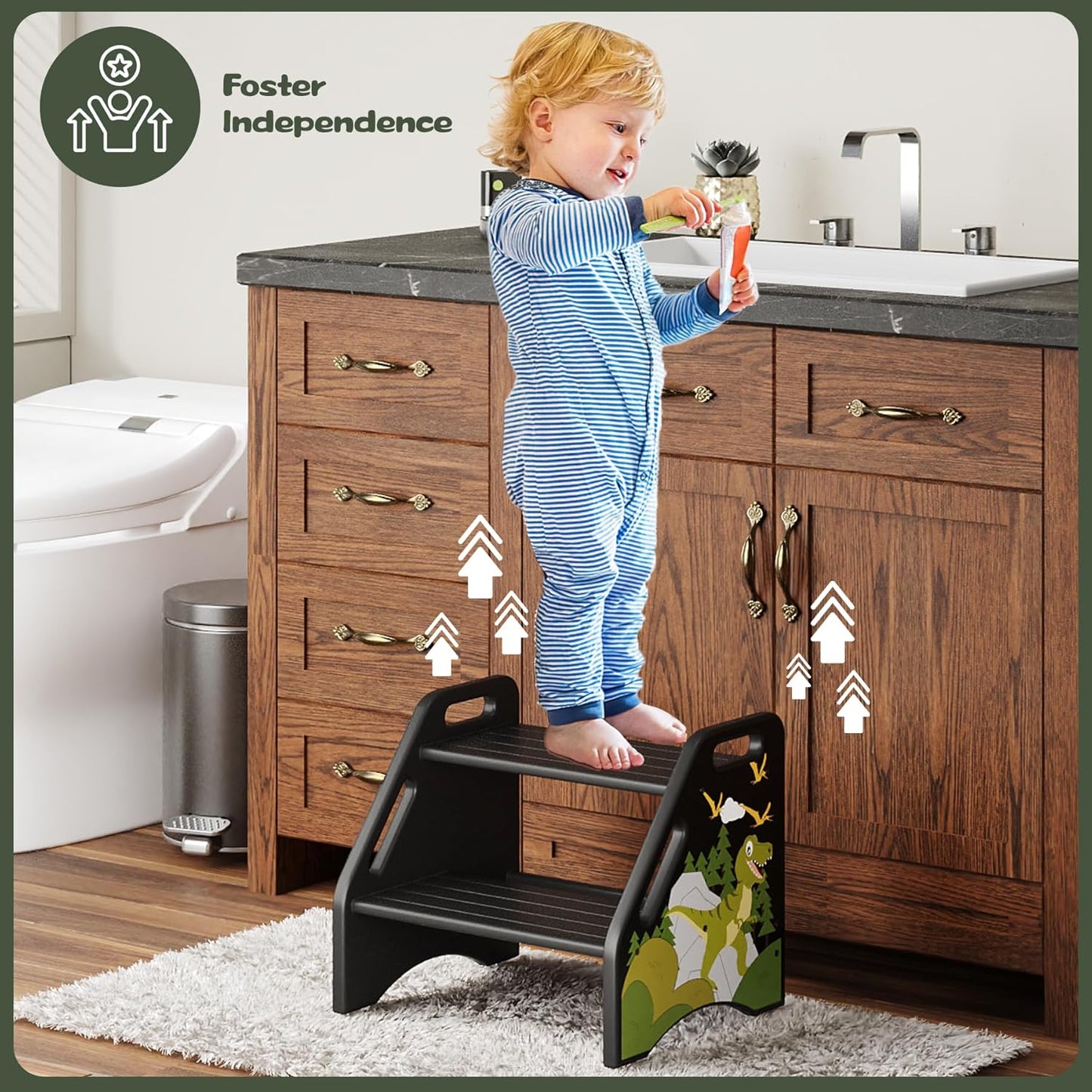 AMBIRD Toddler Step Stool, Dinosaur Wooden Two Step Stool for Kids with Non-Slip Pads, Portable Potty Training Stool with Handles for Bathroom, Sink, Kitchen, Bedroom