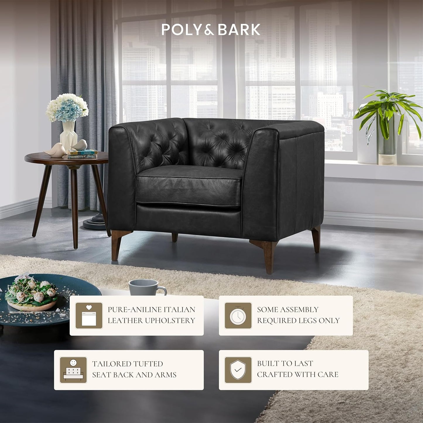 Poly & Bark Essex Lounge Chair - Leather Chair with Tufted Back - Full-Grain Living Room Armchair with Feather-Down Topper - Single Couch - Vintage Italian Leather in Onyx Black