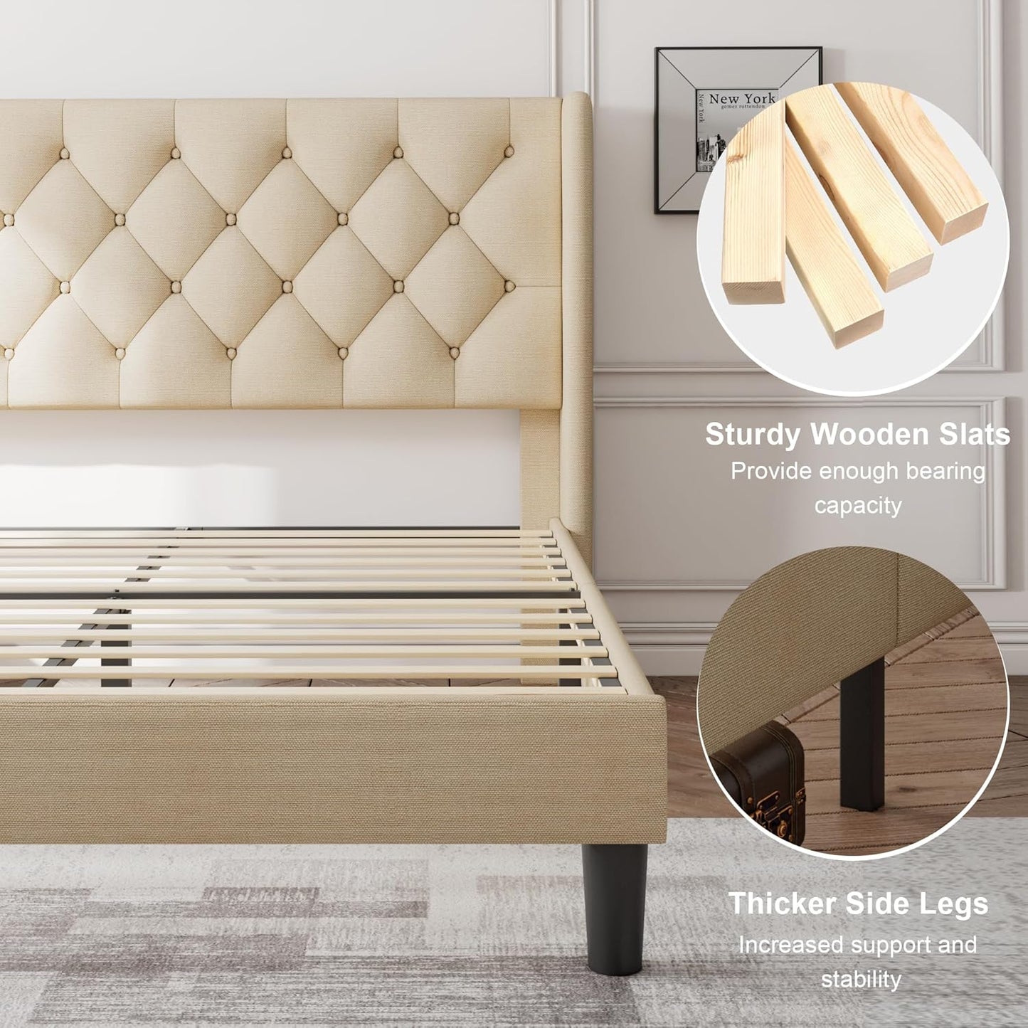 Feonase King Size Bed Frame with Wingback Tufted Headboard, Upholstered Platform Bed Frame with Heavy Duty Wooden Slats Support, Noise-Free, No Box Spring Needed, Easy Assembly, Beige