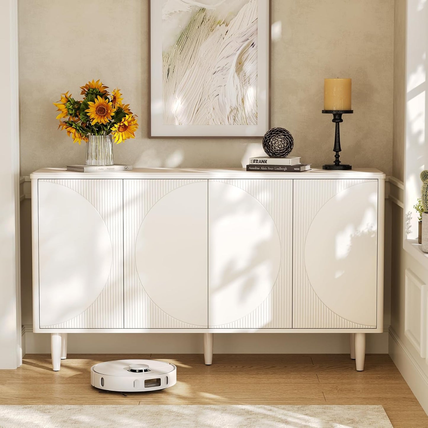 LITTLE TREE 59-Inch Buffet Cabinet Sideboard with Storage, Modern Sideboard Buffet Table with Doors for Living Room, Dining Room (White)