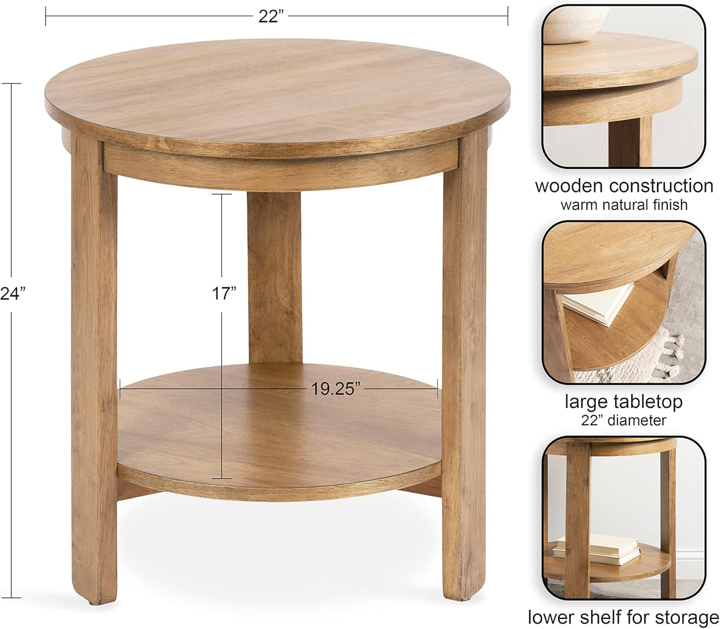 Kate and Laurel Foxford Tiered Round Side Table; 22 x 22 x 24; Natural Brown; Transitional Two-Tier Circle Nightstand Table with Storage and Resilient Wood Construction for Bedroom Decor
