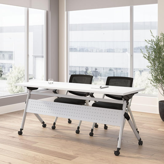 Bush Business Furniture Folding Training Table Set for 2, 72 inch, 2 Mesh Back Folding Chairs with Arms, Commercial-Grade Bundle for Office or Classroom, Envision Collection, White