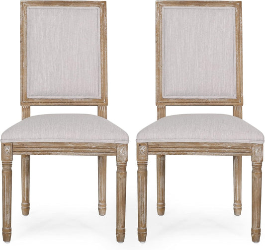 Christopher Knight Home Regina French Country Dining Chairs Set of 2, Wooden Dining Room Chair, High Back Kitchen Side Chair, Fabric Upholstered Armless Extra Seat, Light Gray and Natural