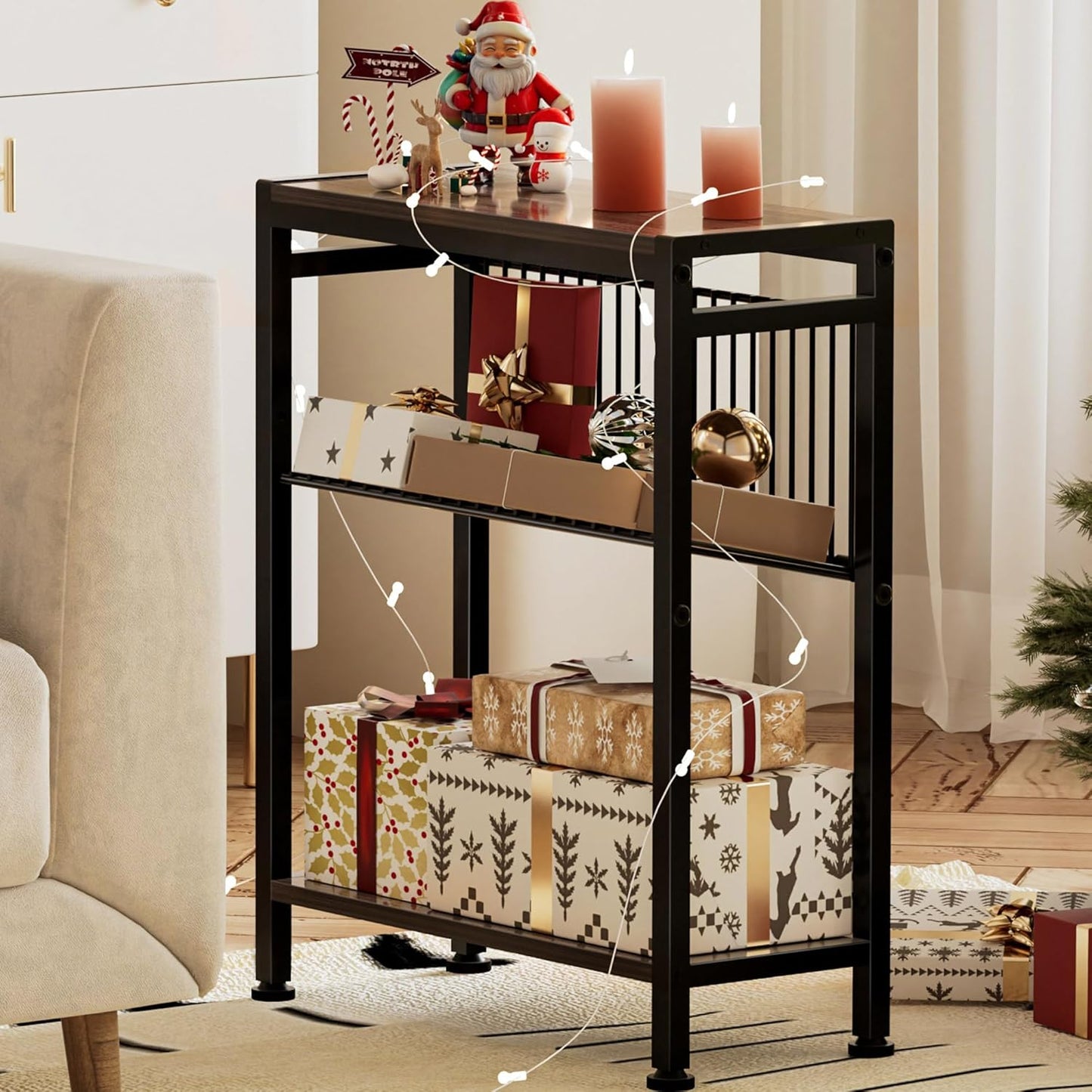 Side Table for Small Space, 3-Tier Narrow End Tablewith Magazine Holder,Slim Nightstand, Skinny Snack Couch Table in Living Room, Bedroom Study and Balcony(Ash Brown)