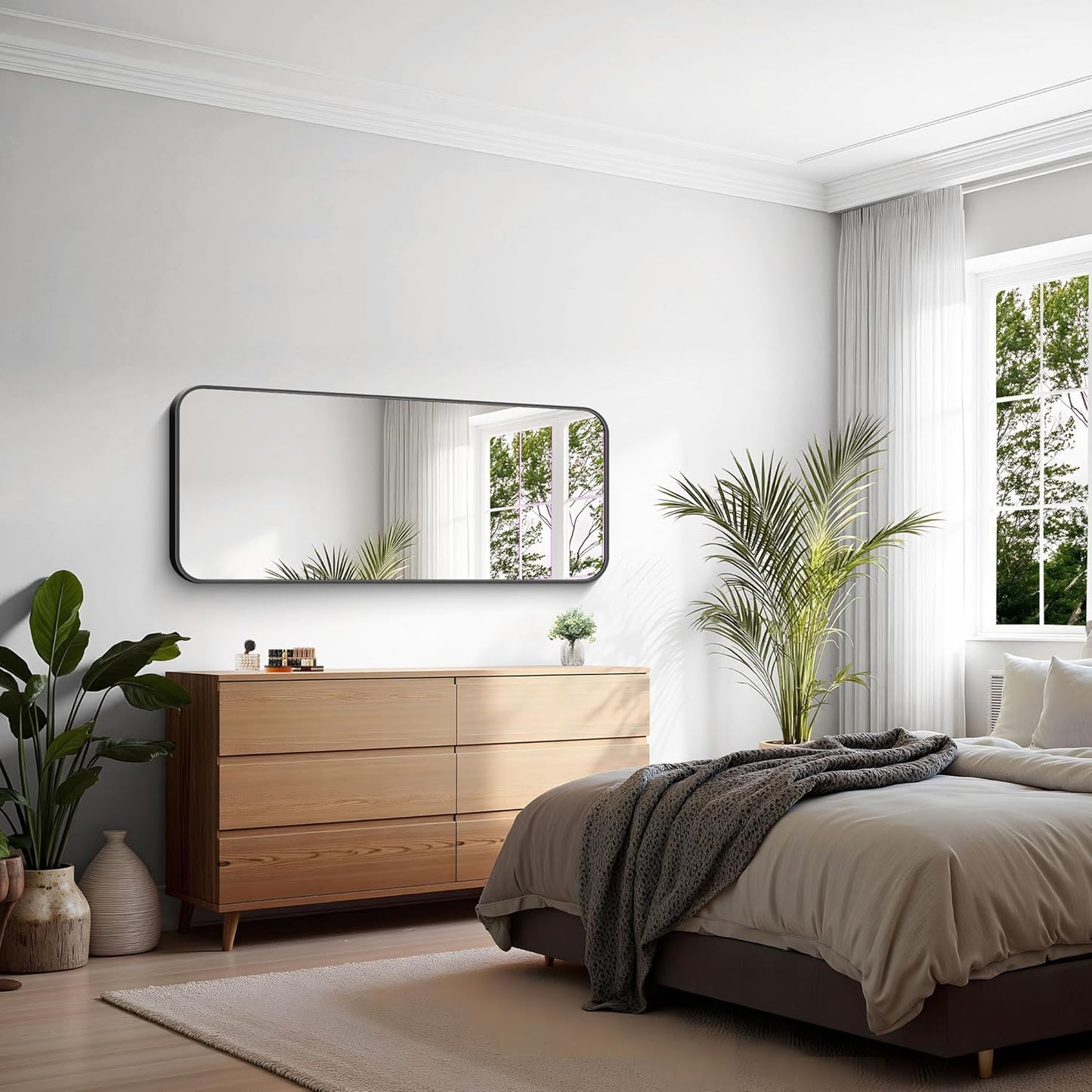 KOCUUY Black Rectangle Mirror, 20" x 48" Metal Frame Mirror with Rounded Corner, Classic Design of Upgraded Shatterproof Glass for Bathroom, Bedroom, Living Room, Entryway