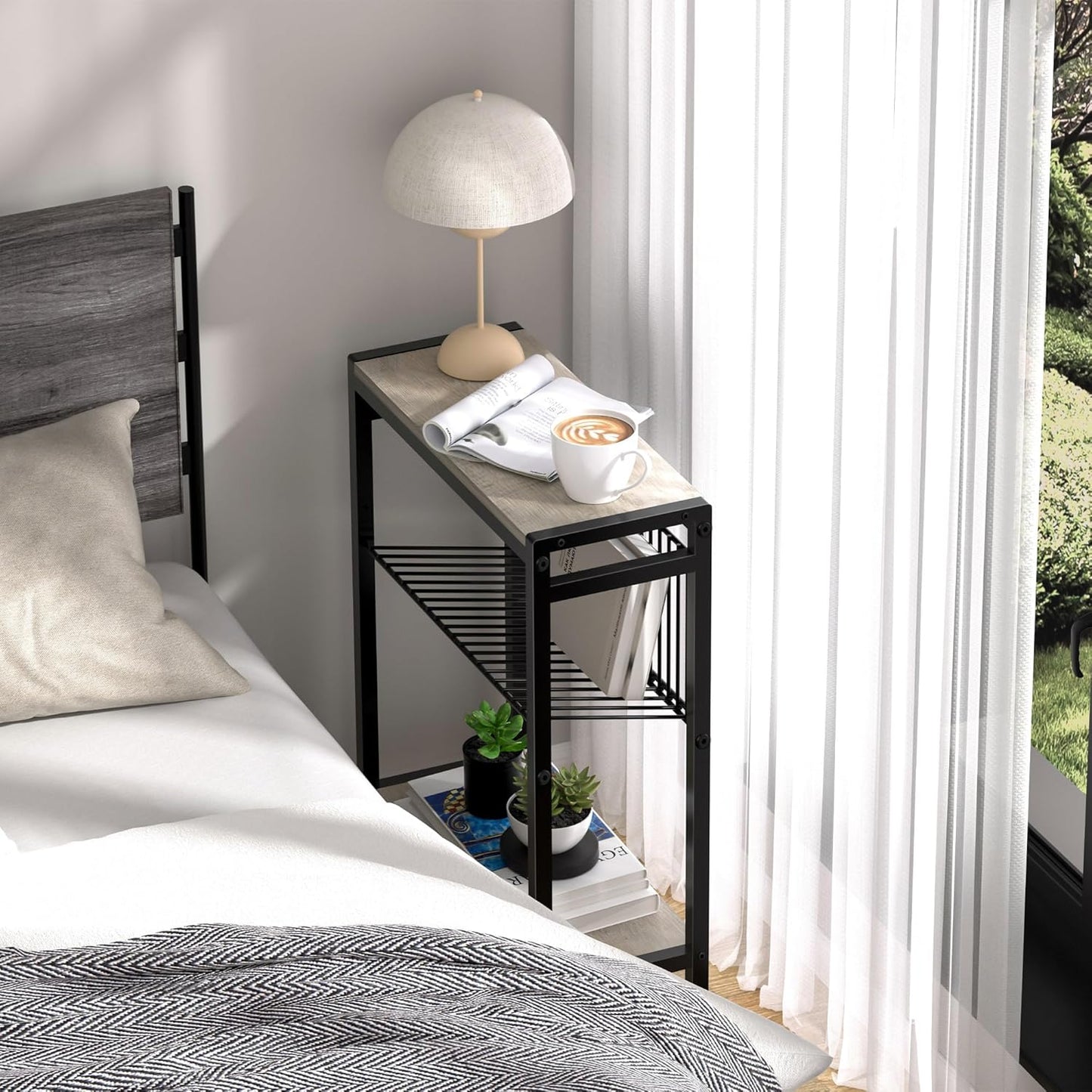 Small Side Table Set of 2 for Small Space, 3-Tier Narrow End Table with Magazine Holder, Slim Nightstand, Skinny Snack Couch Table in Living Room, Bedroom, Kitchen and Balcony (Greige)