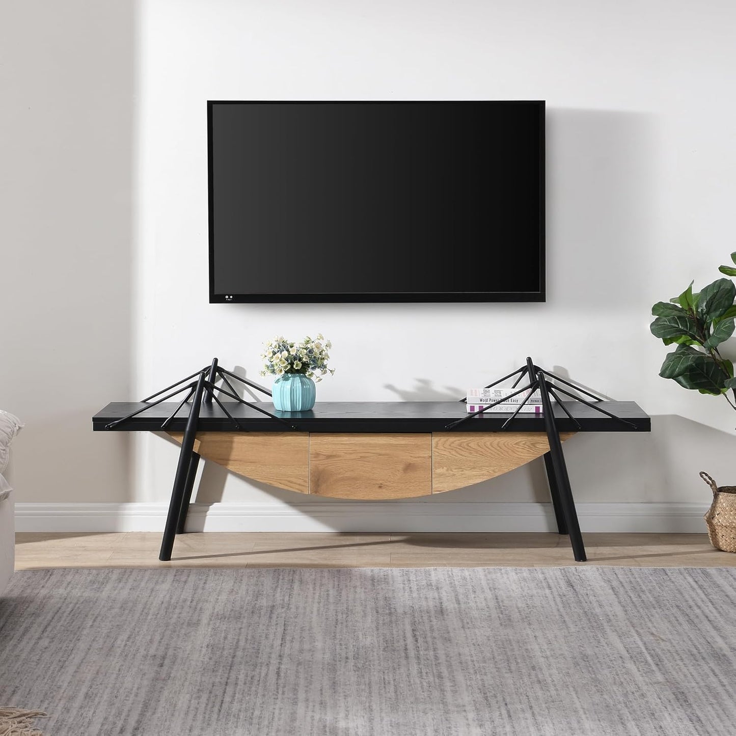 1 Tier Modern Boat-Shaped Bookshelf with Drawer, Black & Natural, 70.9" Long Horizontal Low Shelf for Storage Display Decoration, Sturdy MDF & Metal Industrial Frame, for Bedroom, Office