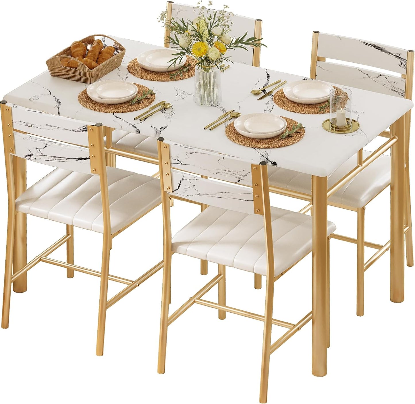 IRONCK Dining Table Set for 4, Wood Kitchen Table with Upholstered Chairs for Kitchen & Dining Room, Compact Dining Set for Small Spaces, White & Gold