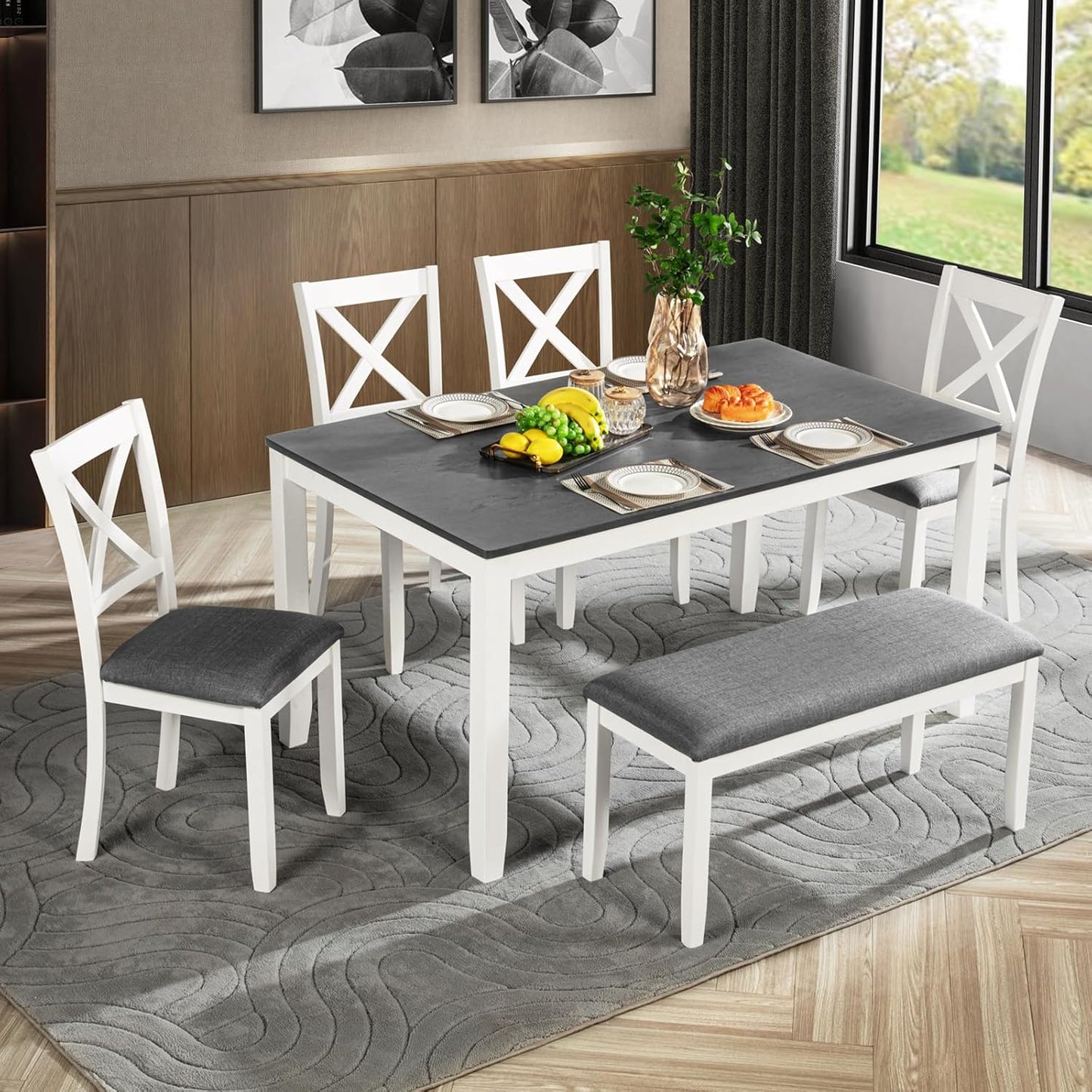 soges 6-Piece Kitchen Dining Table Set with Bench, Wood Dining Table Set for 6, Modern 6-Person Table Set for Dining Room, Kitchen, Grey & White