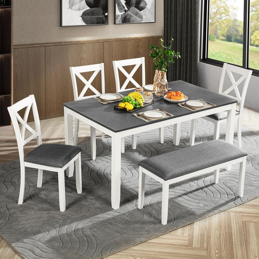 soges 6-Piece Kitchen Dining Table Set with Bench, Wood Dining Table Set for 6, Modern 6-Person Table Set for Dining Room, Kitchen, Grey & White