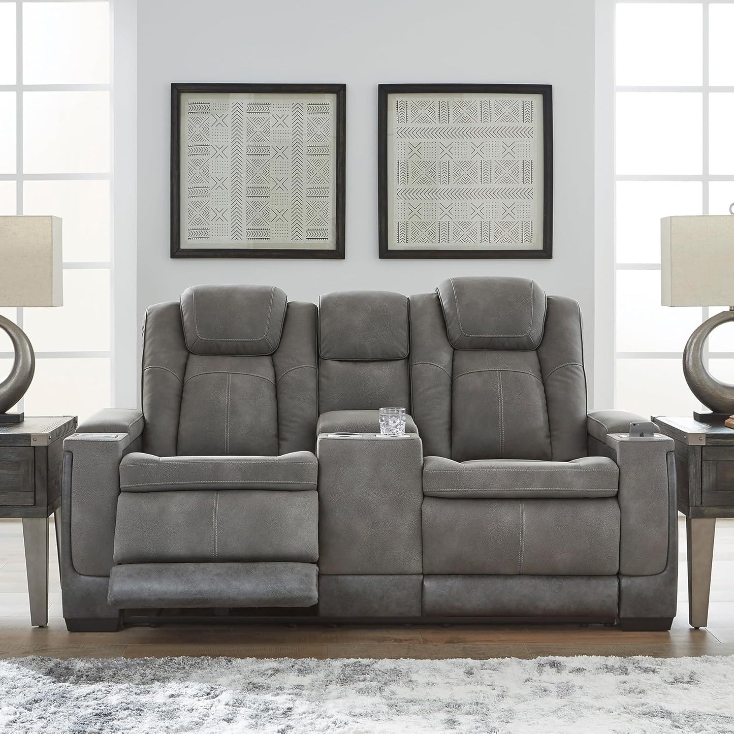 Signature Design by Ashley Next-Gen DuraPella Modern Faux Leather Power Reclining Loveseat with Console & Adjustable Headrest, Gray