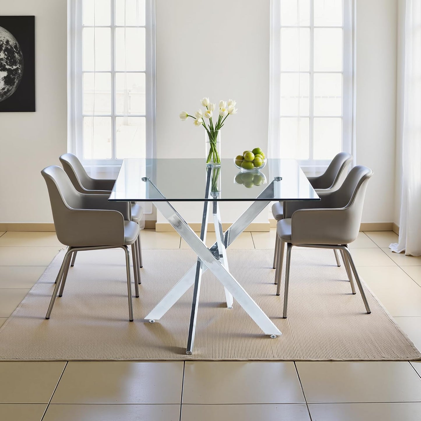 Dining Table for 4 Modern 35.43" Rectangular Glass Dining Table Kitchen & Dining Room Tables with Metal Base for Dining Room and Apartment, Chrome