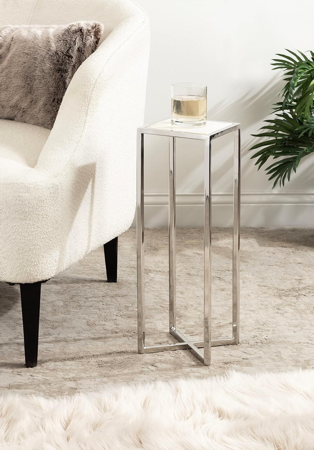 Kate and Laurel Jaspur Modern Glam Drink Table, 7 x 7 x 21, White and Silver, Decorative Metal and Marble Accent Martini Cocktail Table for Display and Storage