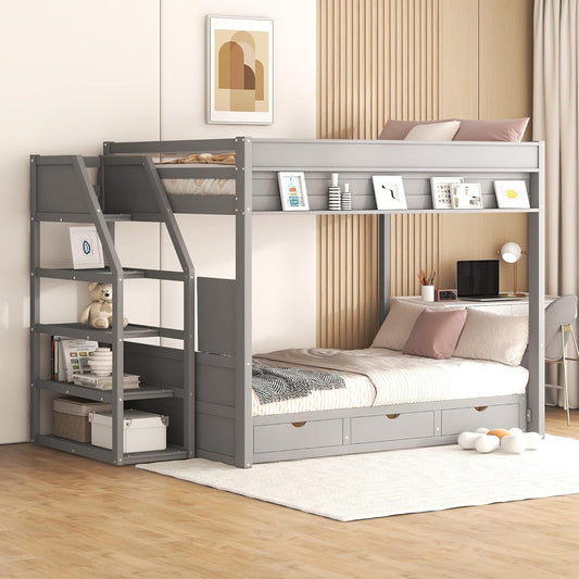 Full Size Wood Bunk Bed with Storage Staircase, Bedside Table, and 3 Drawers,Convertible Down BedFrame,No Box Spring Required,for Kids Boys Girls Teens, Gray