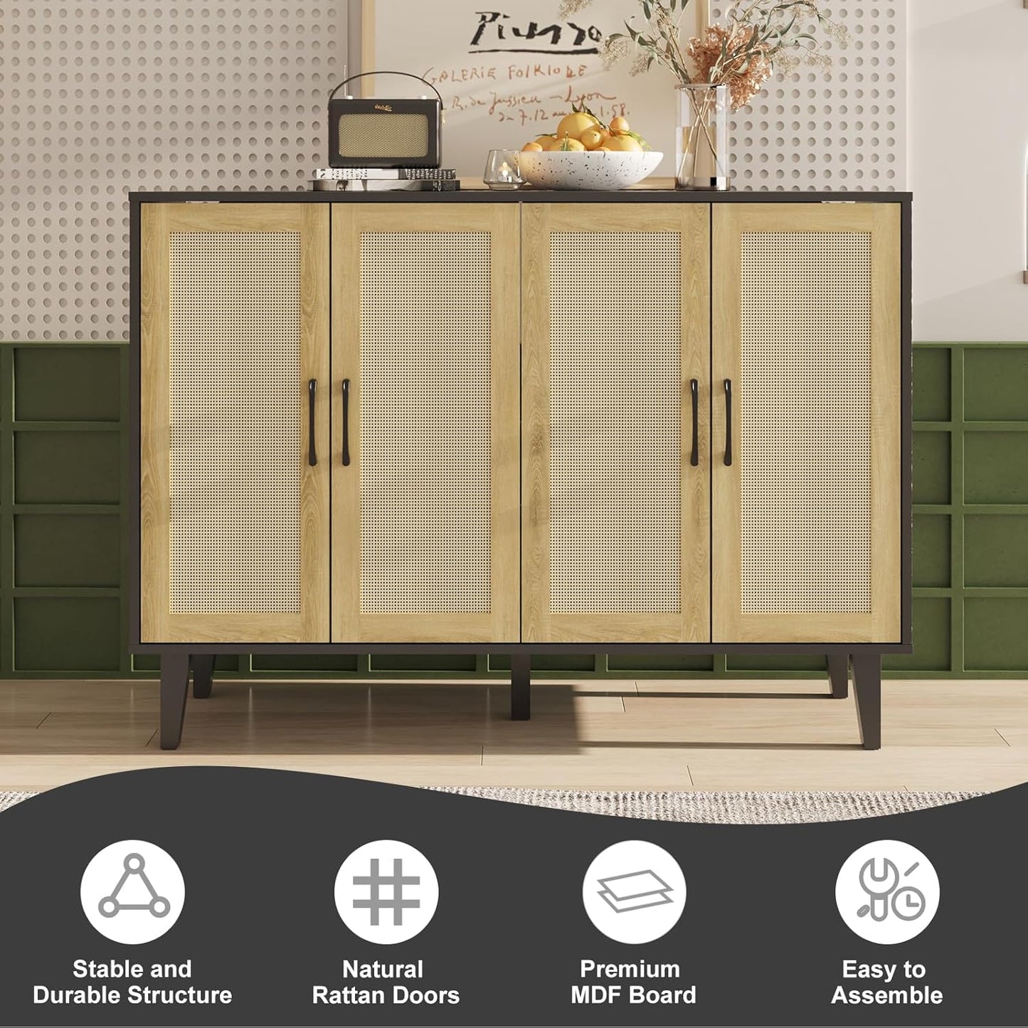 Storage Cabinet with Rattan Trim - 4 Door Sideboard Buffet Cabinet with Storage, Accent Cabinet with Shelves for Bathroom, Coffee Bar, Kitchen, Living Room, Hallway (Black)