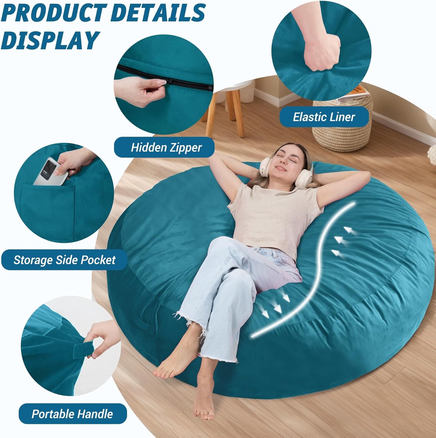 7FT Bean Bag Chair with Ultra Soft Velvet Cover Bean Bag Sofa with Memory Foam Bean Bag Chairs with Large Size Lazy Sofa for Dorm Office Living Room Bedroom Sea Blue 7'