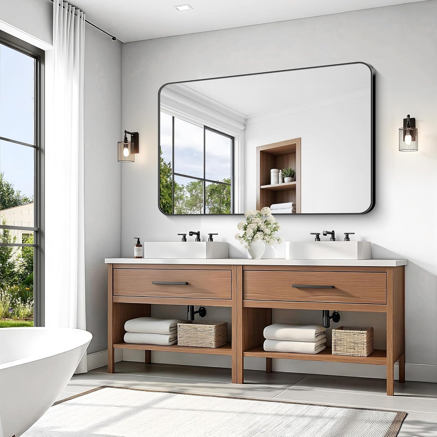 KOCUUY 55x36 Black Bathroom Mirror, Large Matte Black Vanity Mirror, Tempered Glass Mirror for Bathroom Wall, Black Rounded Rectangle Mirror Modern Decor for Bedroom, Living Room, Farmhouse, Entryway