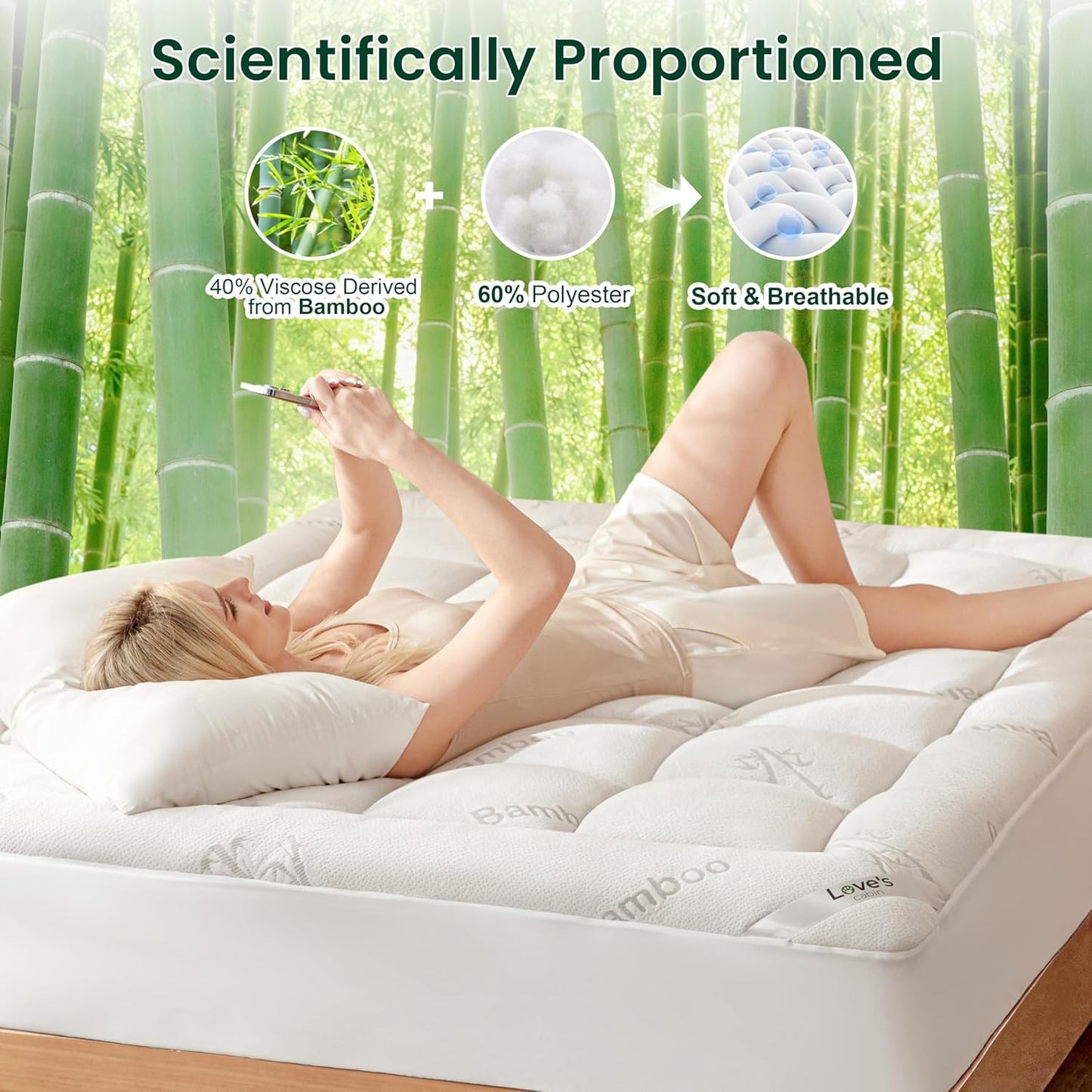 Love's cabin Queen Mattress Topper, Rayon Derived from Bamboo, 900 GSM Breathable Mattress Topper Pad, Thick Pillow Top Mattress Pad with Stretches up 8"-20" Deep Pocket(60"x80")