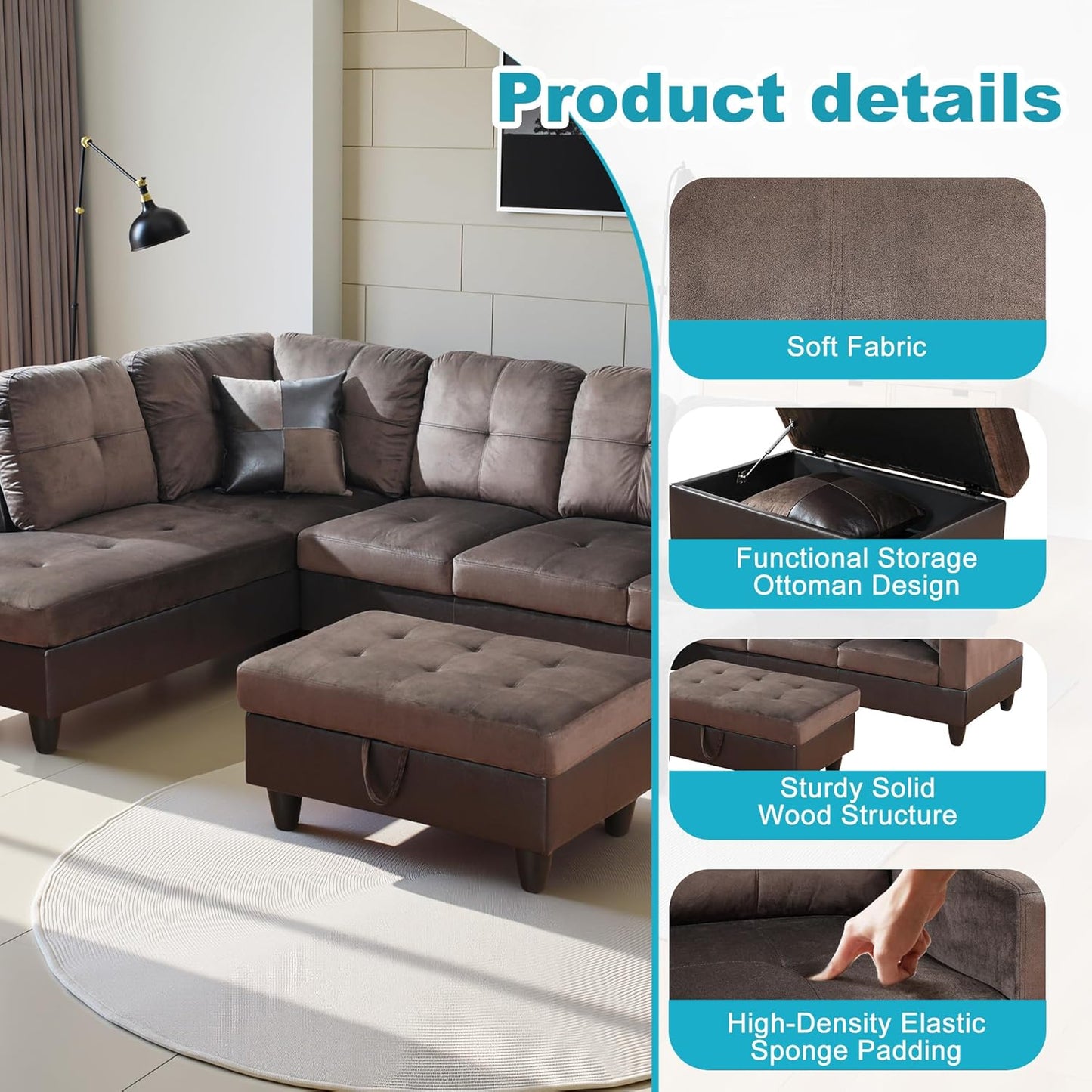 L Shaped Couch Upholstered Flannel Fabric 3 Pieces Sofas for Living Room with Chaise, Storage Ottoman for Office and Small Apartment, Dark Brown