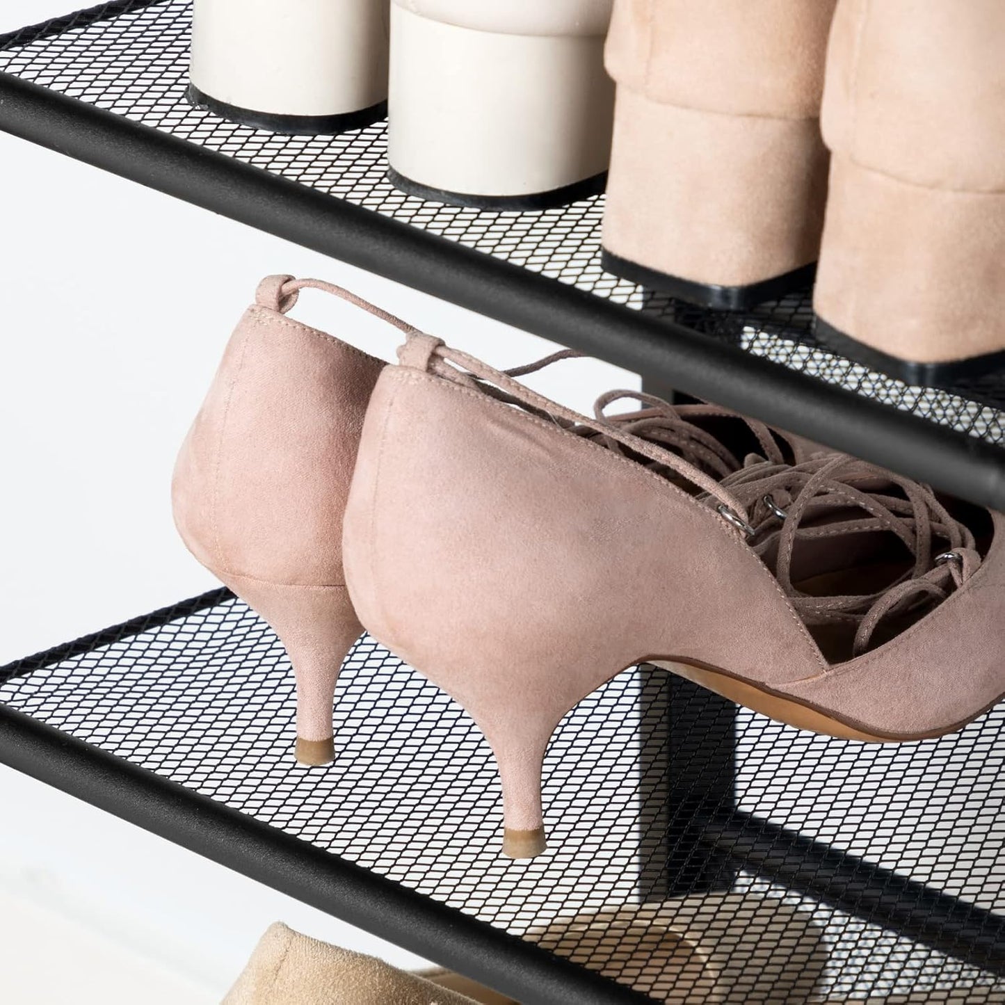 HOOBRO Shoe Rack for Entryway, 4-Tier Shoe Organizer with Adjustable Mesh Shelves, 12-16 Pairs of Shoes, Spacious Floor Mount, Metal, Industrial, Shoe Shelf for Closet, Rustic Brown BF42XJ01