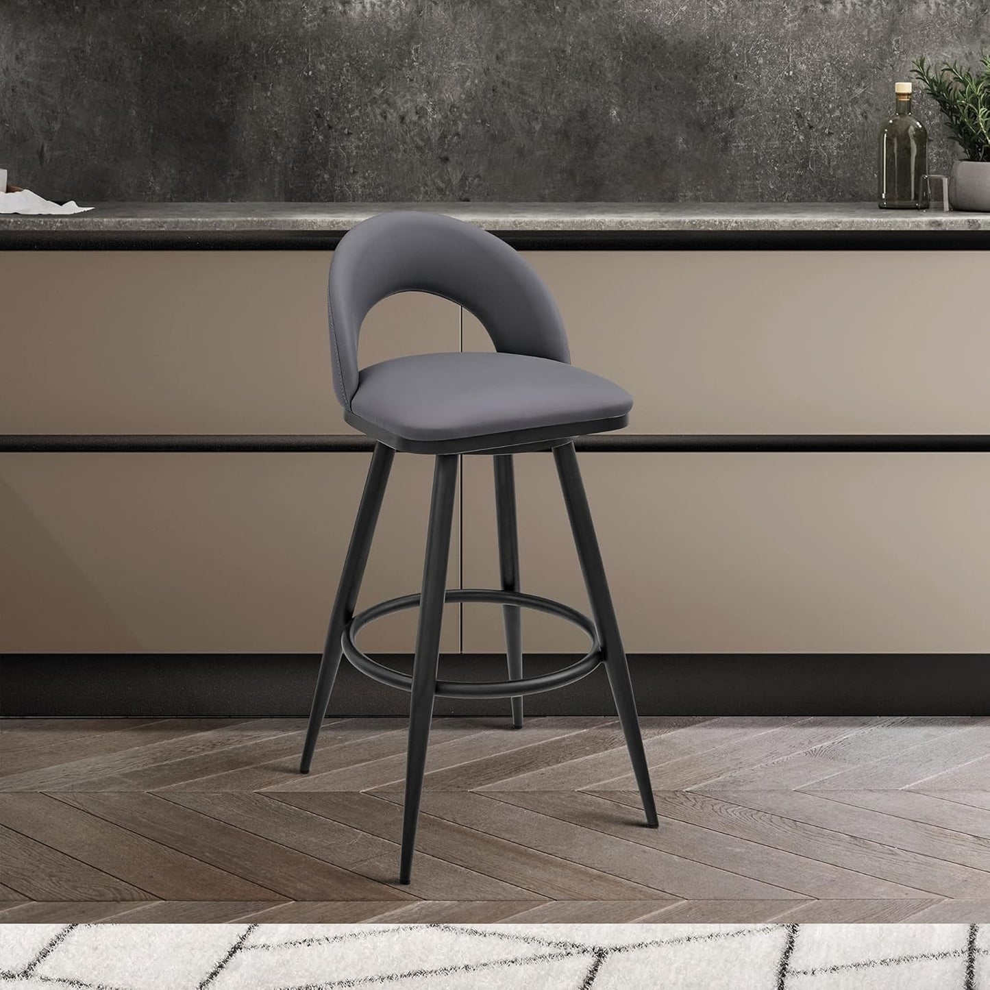 Armen Living Charlotte Swivel Counter Stool in Black Metal and Grey Faux Leather