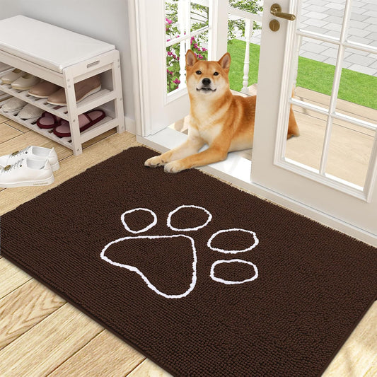 OLANLY Door Mat for Muddy Dog Paws 48x30, Ultra Absorbent Chenille Mud Doormat with Paw Print Design, Non-Slip Washable Doormat for Indoor Entryway, Quick-Dry Pet Bed Mats for Dirty Dogs, Brown