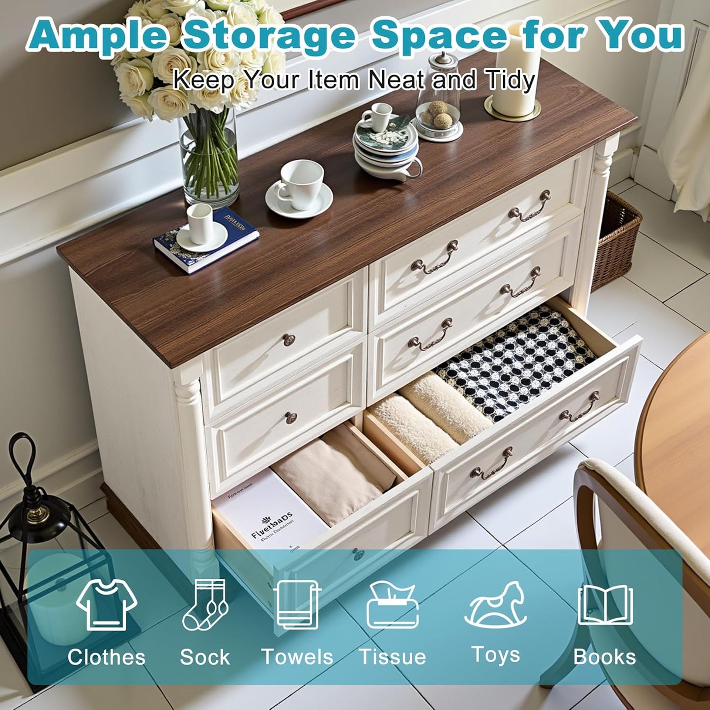 Farmhouse 6 Drawers Dresser for Bedroom, 47.24" Wide Wood Rustic Chest of Drawers with Roman Metal Handle, Tall Storage Dressers Organizer for Bedroom, Living Room, Hallway, Antique White