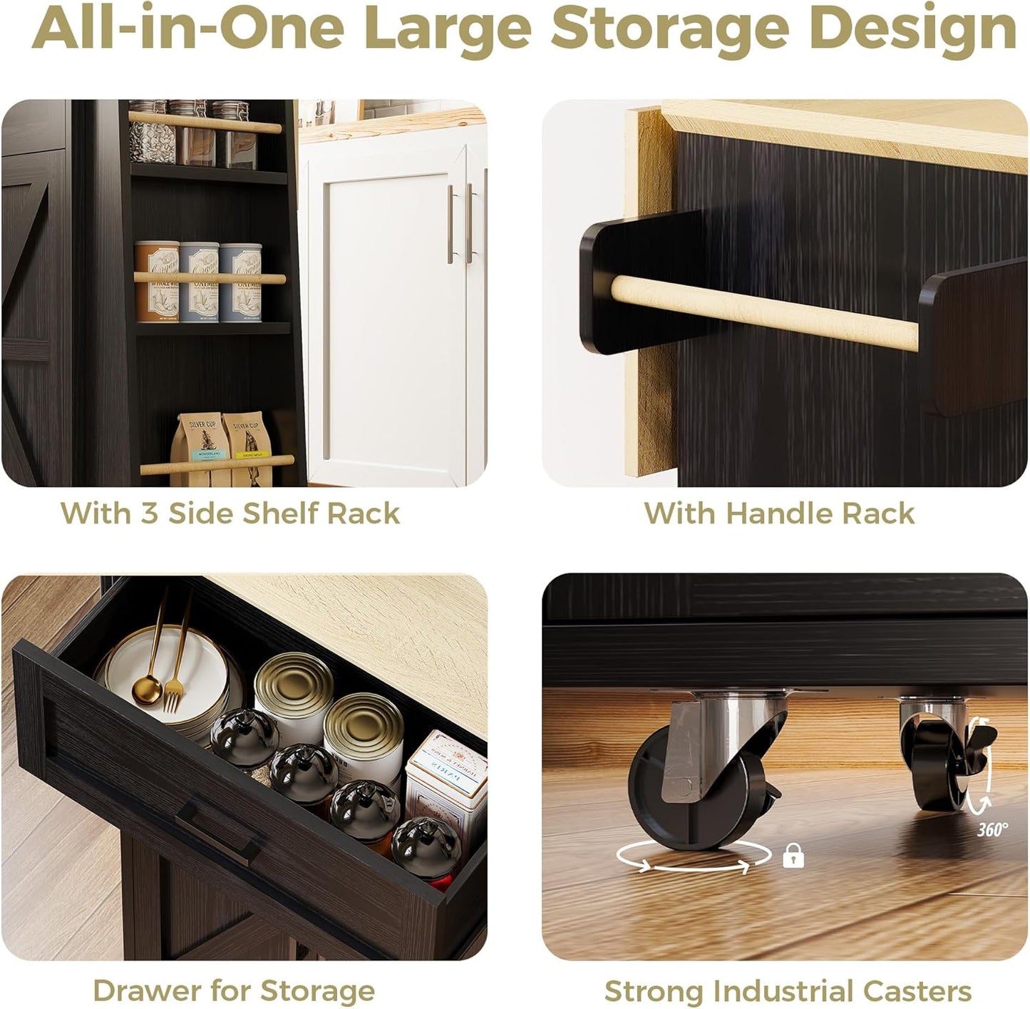 IRONCK Kitchen Island Cart with Storage, Rolling Kitchen Table with Power Outlet, Storage Cabinets on Wheels with Drop Leaf, Portable for Dining Room, Black