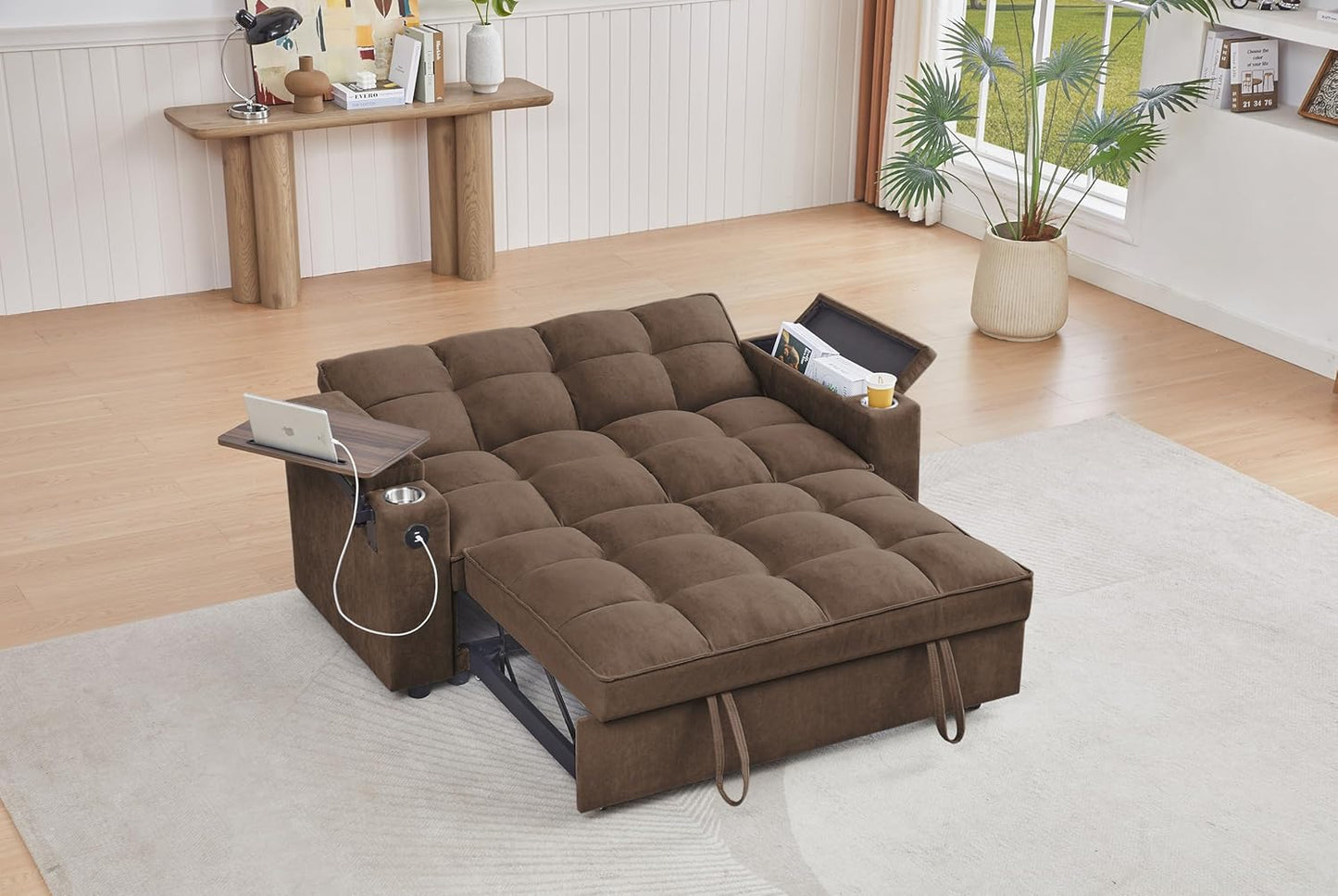 65-inch Multifunctional Loveseat Pull Out Sleeper Sofabed W/Cupholders, Oversized 3-in-1 Convertible Love Seat with Pull-Out Sleeper Couch Bed, Storage, USB Ports, Side Table for Living Room Bedroom