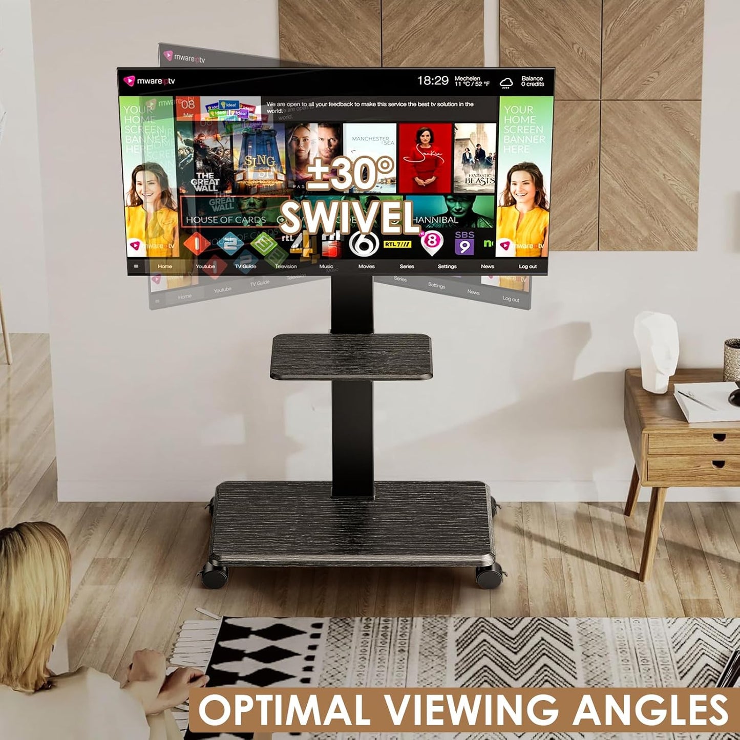Mobile TV Stand with Wheels, Swivel Rolling TV Stand for 32-75 Inch TVs with Shelf, Landscape to Portrait, Height Adjustable Portable TV Cart with Tilt, VESA 600x400mm, 110lbs Capacity