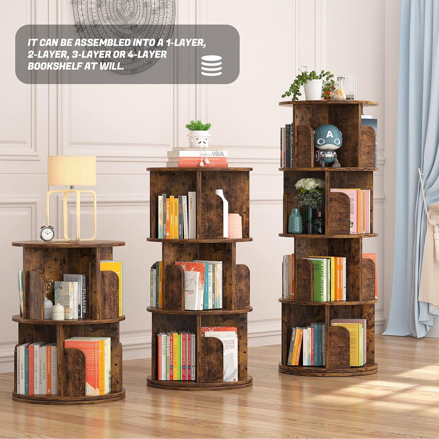 Aheaplus Rotating Bookshelf, Small Corner Bookshelf for Small Space, 360 Display 4 Tier Floor Standing Bookcase Storage Rack, Wood Narrow Book Shelf Organizer for Bedroom, Living Room, Rustic Brown